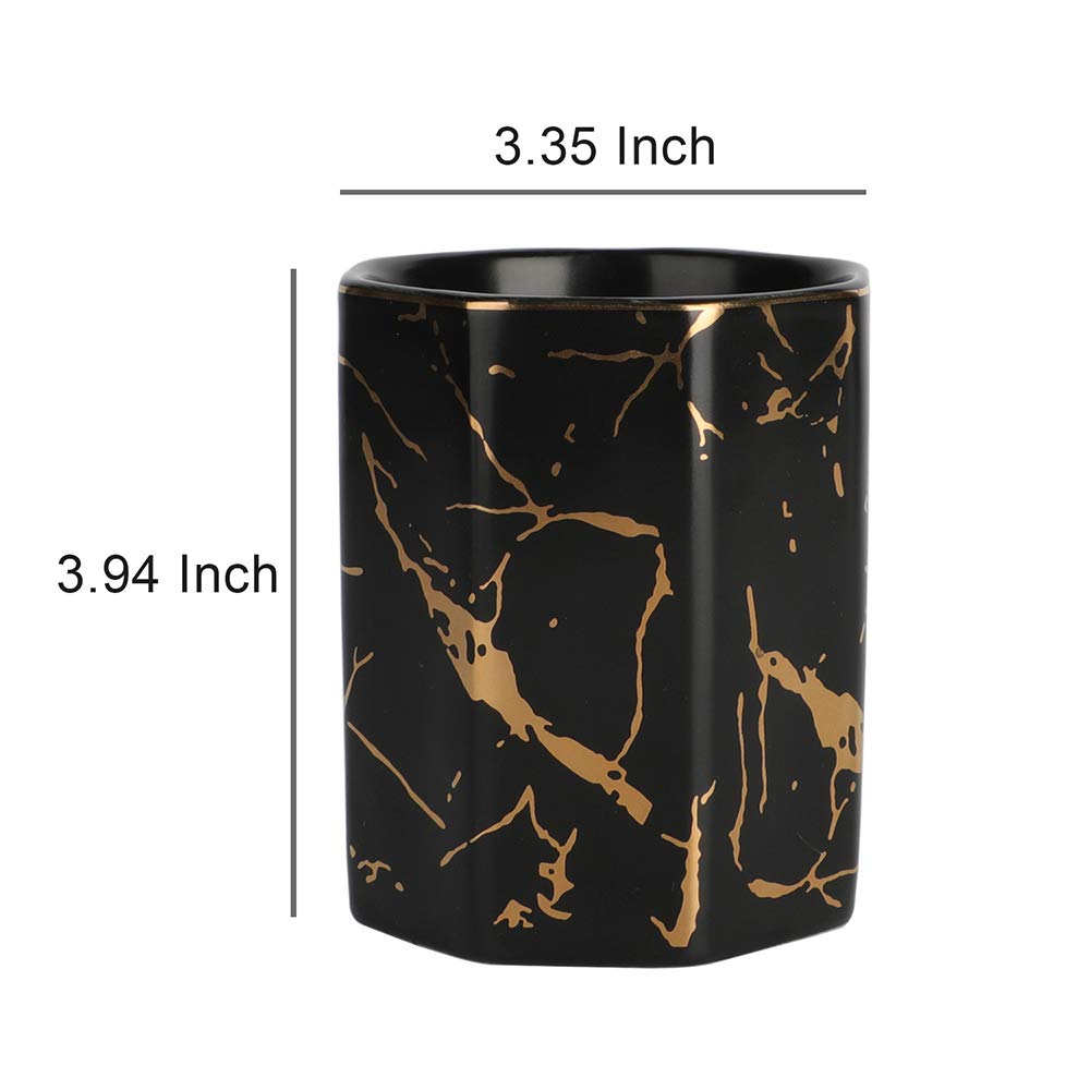 Golden Pattern Ceramic Pen Holder - Elegant Desk Organizer for Pencils, Pens & Office Supplies | Perfect for Home, Office & School Use (Black)