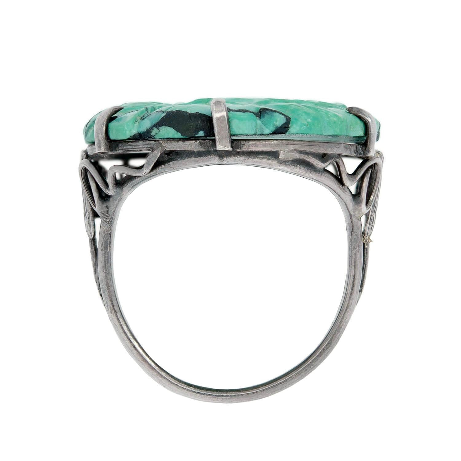 Antique Edwardian Sterling Silver Chinese Carved Turquoise Ring - Vintage Jewelry for Women, Unique Handmade Blue Gemstone Engagement Gift, Perfect for Weddings, Anniversaries & Special Occasions