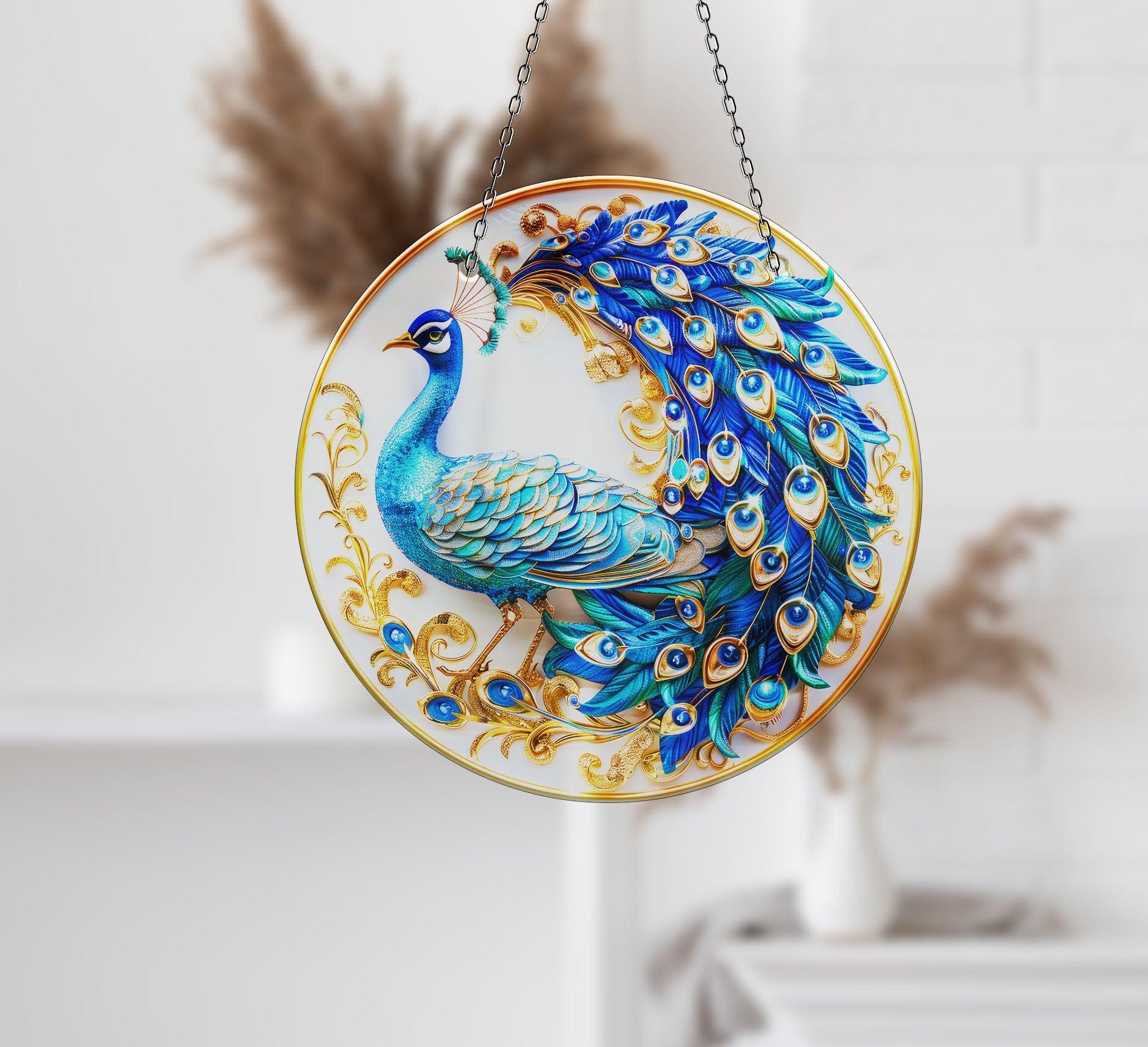 Blue Peacock Suncatcher Window Decor - Stained Glass Hanging Ornament for Home, Office & Garden - Creates Beautiful Rainbow Reflections