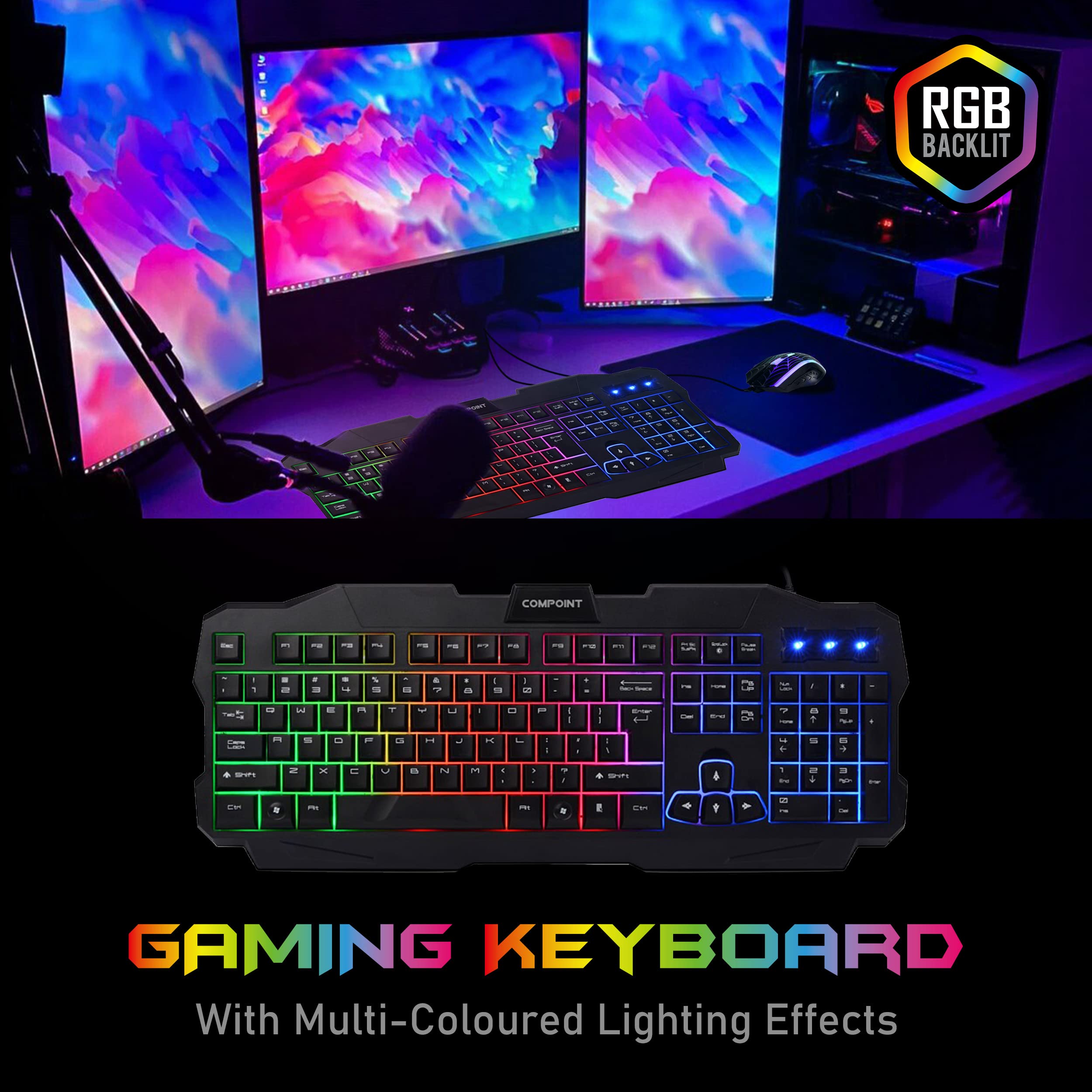Compoint RGB Gaming Keyboard - USB Wired for PC, PS5, Xbox & MAC - Silent Mechanical with Wrist Rest - Perfect for Esports & Streaming