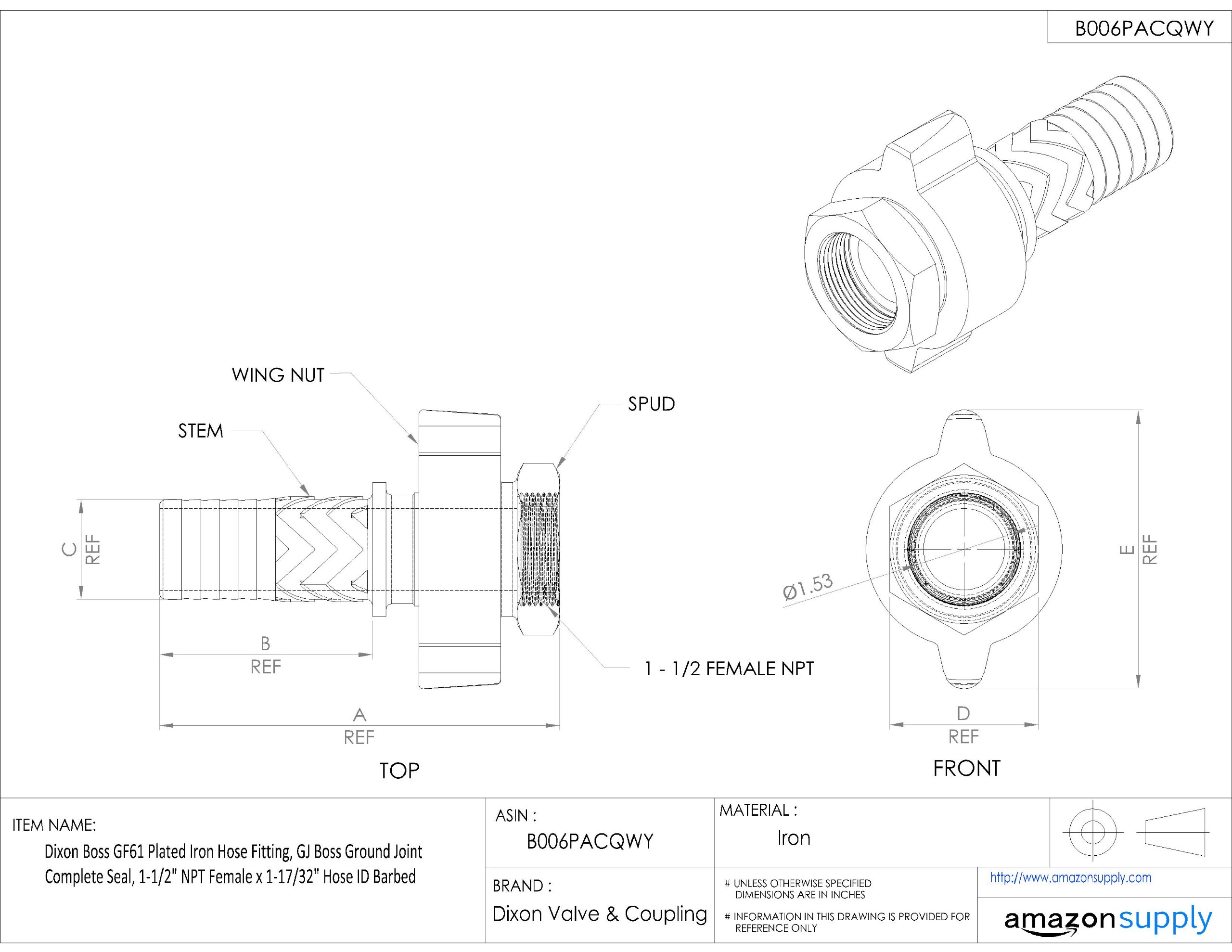 Dixon Boss GF141 Plated Iron Hose Fitting - GJ Boss Ground Joint Complete Seal - 4