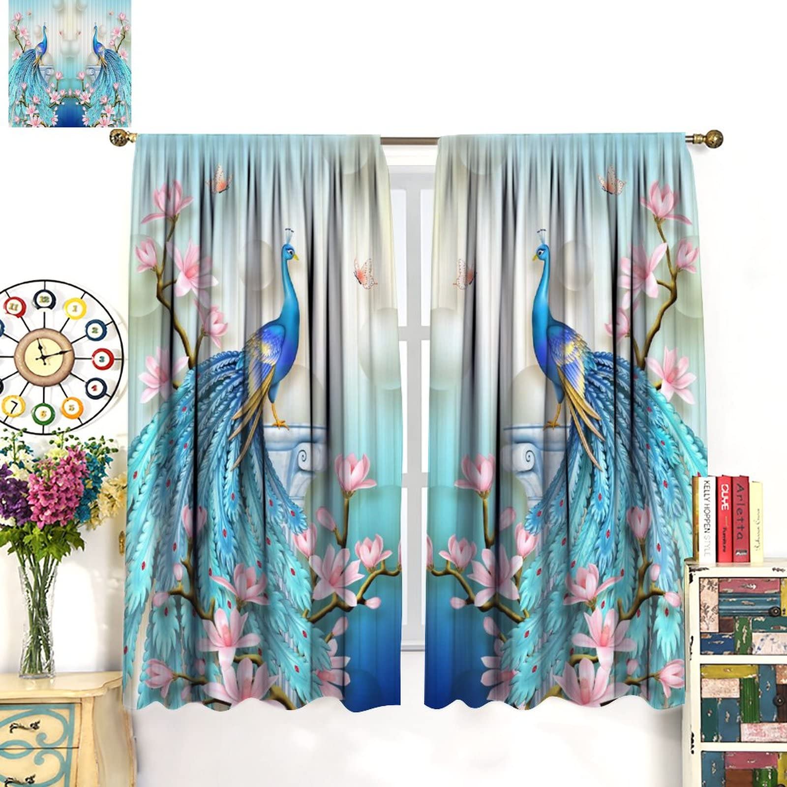 **Blue Peacock Blackout Curtains - Floral Pearl Butterfly Print Window Drapes, 2 Panels Set (42x45 Inches) for Bedroom, Living Room & Kids Room Decor - Perfect for Light Blocking & Home Decoration**