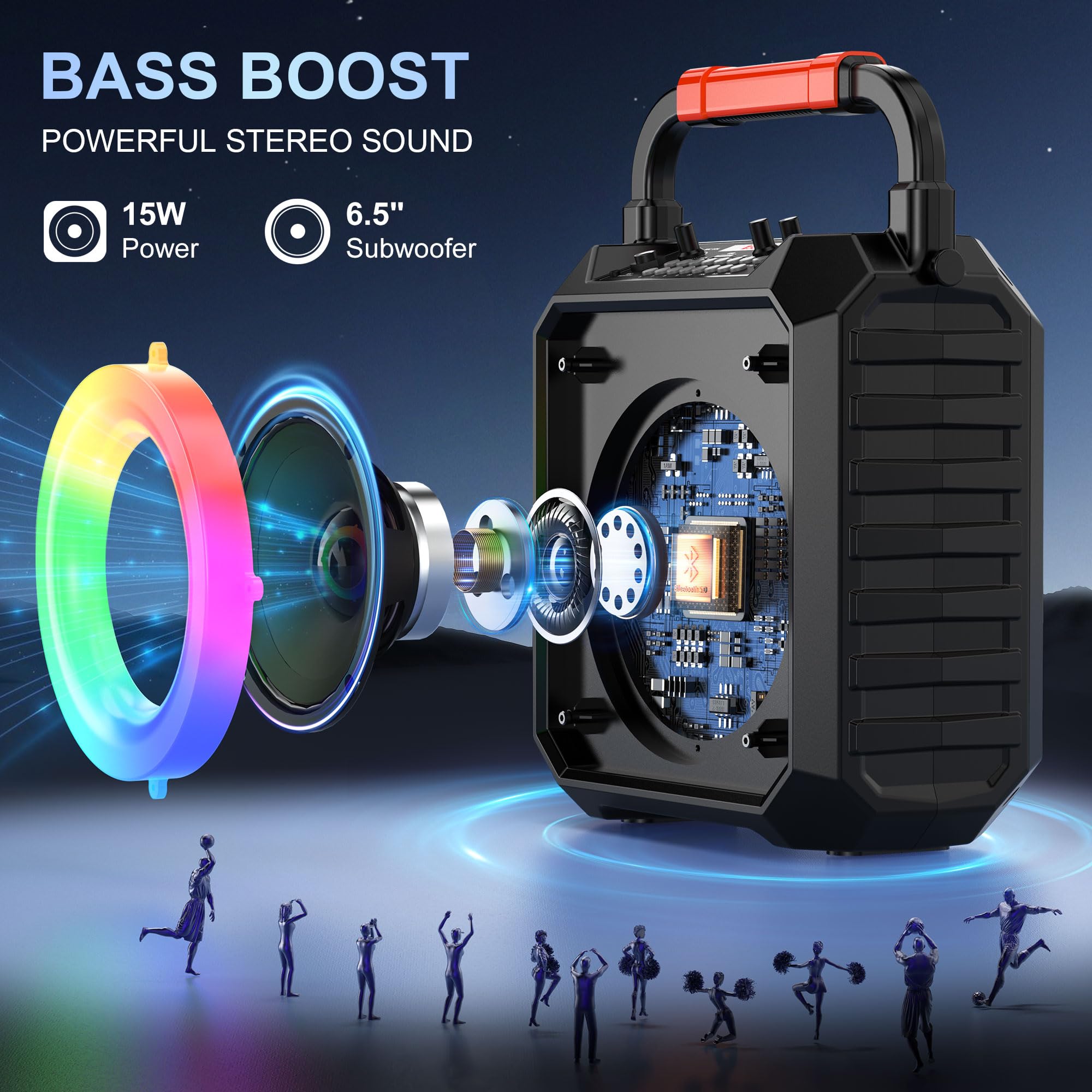 JYX Portable Karaoke Machine with 2 Wireless Microphones - Bluetooth Speaker with LED Lights for Kids & Adults - USB/TF/AUX Input for Home Parties, Outdoor Gatherings & Birthday Celebrations
