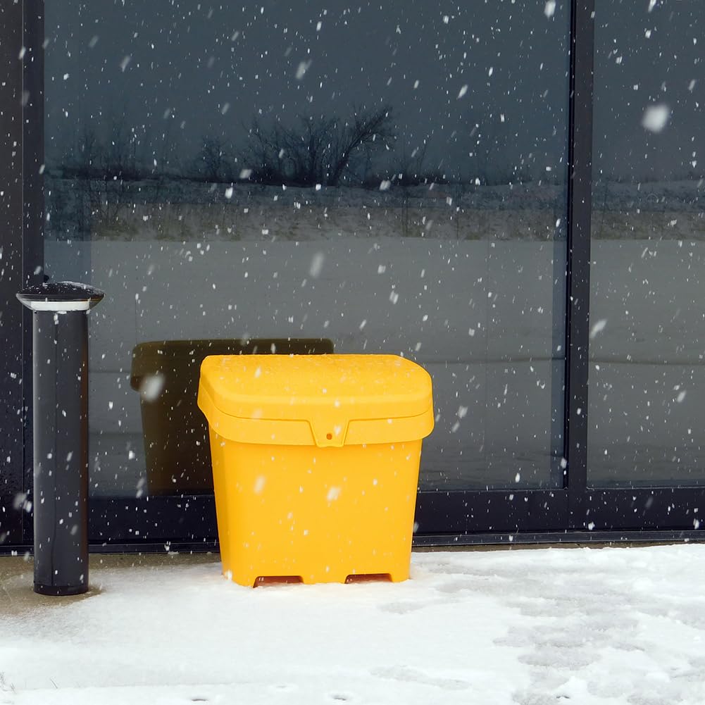 FCMP Outdoor 31 Gallon Heavy-Duty Salt & Sand Storage Box - Weatherproof Deck Container for Patio, Yard & Garage - Bright Yellow for High Visibility - Ideal for Winter Salt Storage & Summer Sand Organization