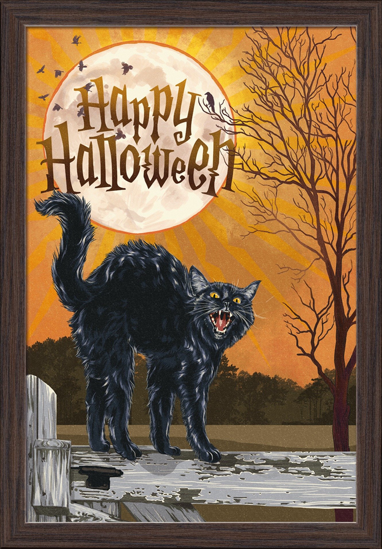 Black Cat and Moon Halloween Art Print - 16x24 Giclee Fine Art with Recycled Wood Frame in Espresso Brown - Perfect for Halloween Decor, Gothic Home Decor, and Spooky Wall Art