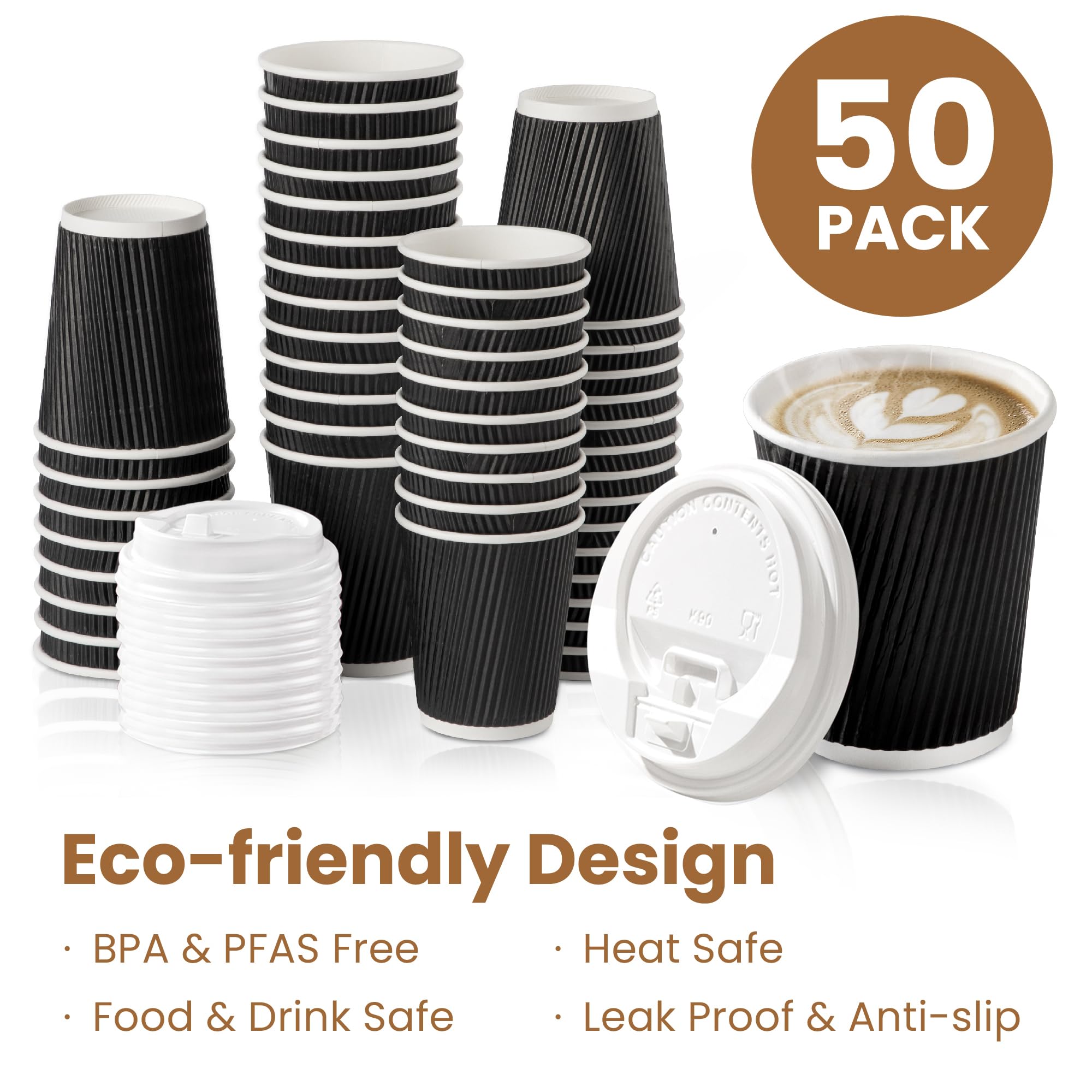 50 Pack 8 oz Black Disposable Coffee Cups with Lids & Stirrers - Triple Wall Insulated Hot Beverage To-Go Cups for Coffee, Tea, Hot Chocolate - Perfect for Travel, Office, Home, Cafes & Takeout (White Lids)