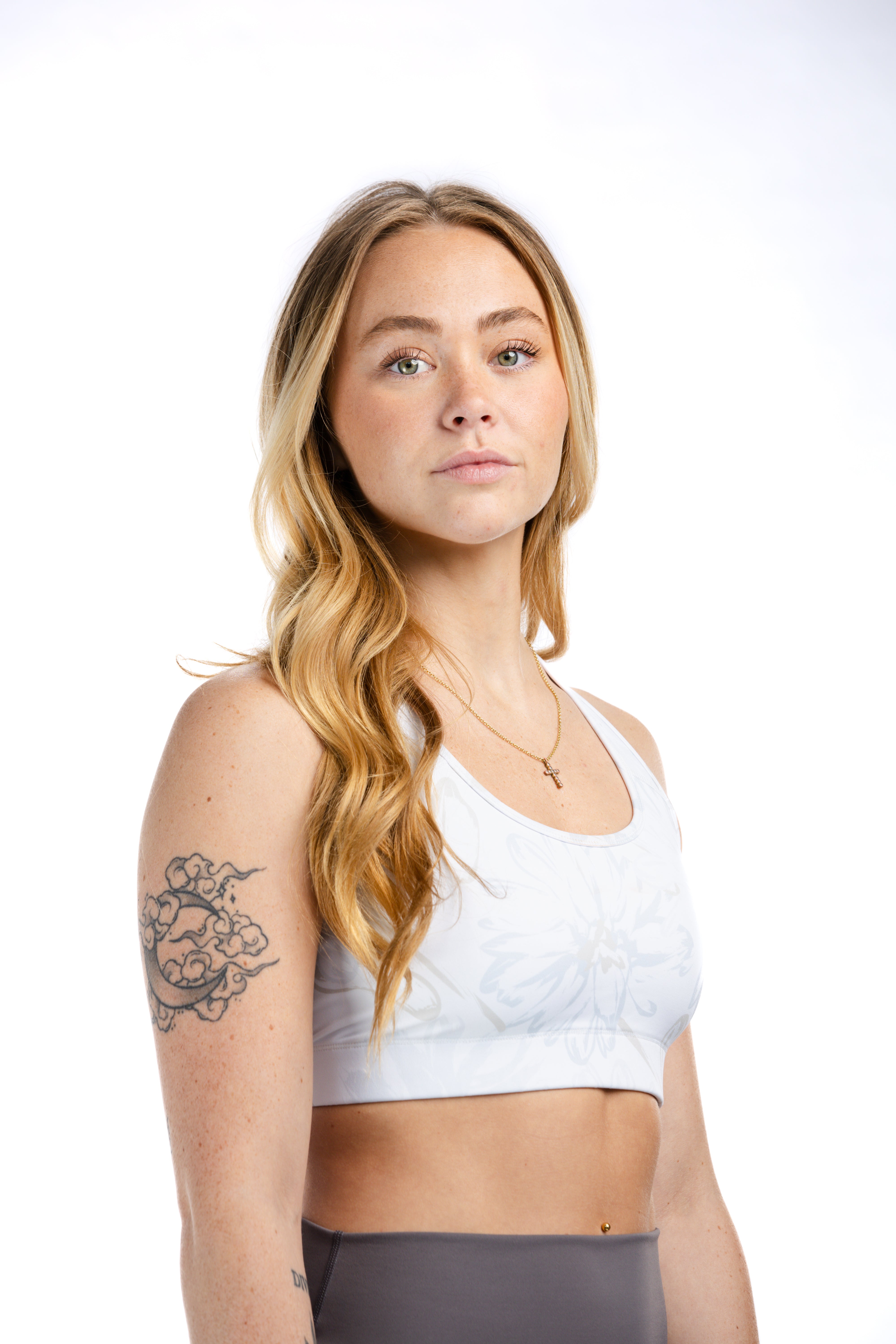 High Support Sports Bra for Women - Grey & Tan Floral Pattern Workout Top | Perfect for Yoga, Running & Gym Fitness Activities