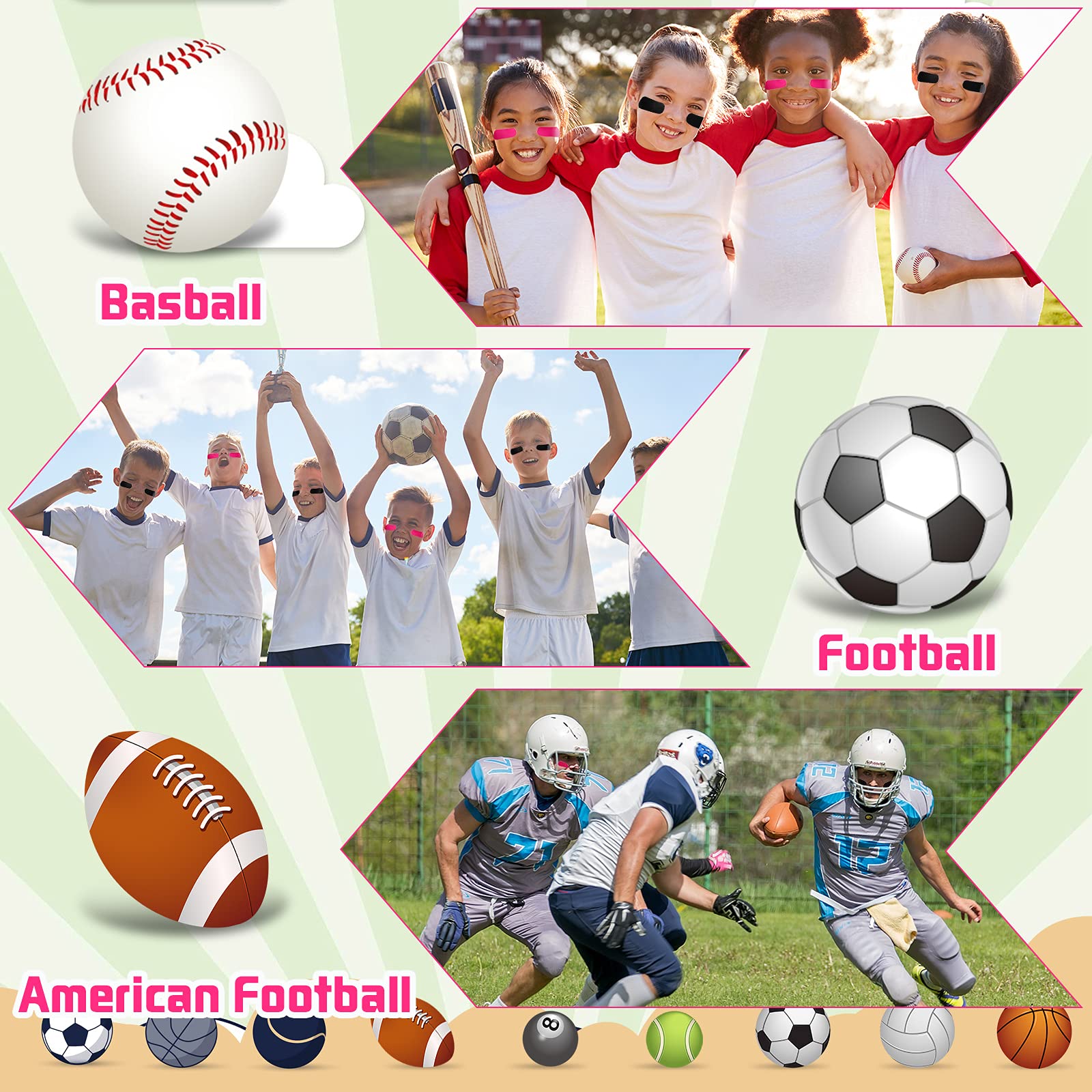 160-Piece Sports Eye Stickers for Kids - Football, Softball, Baseball Face Decals - Lacrosse Fan Eye Strips with 2 Pencils - Perfect for Game Day, Sports Parties & Team Spirit Events