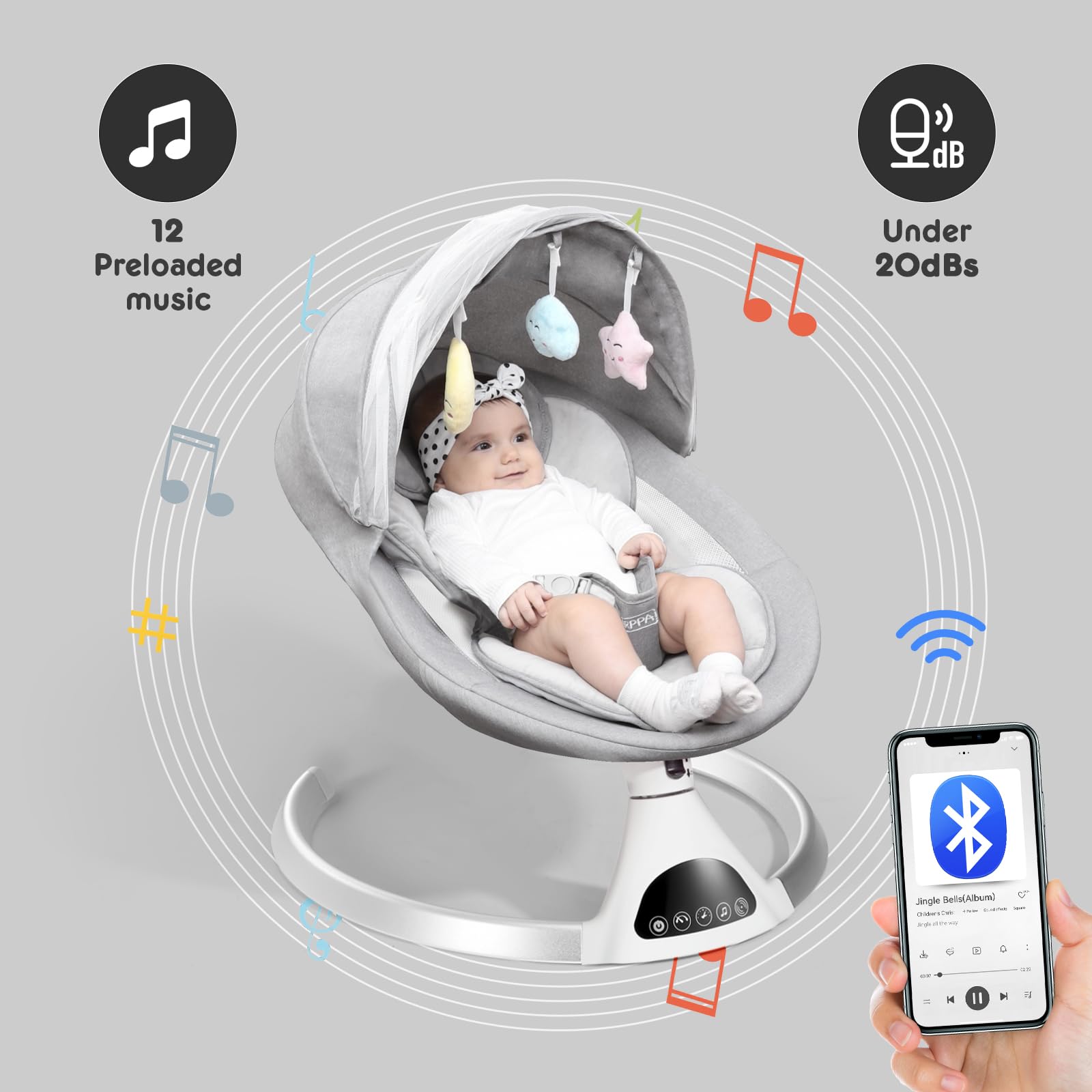 HARPPA Electric Baby Swing for Infants 0-12 Months, Portable Automatic Rocker with Bluetooth Music & 12 Soothing Lullabies - Perfect for Nursery, Bedtime & Travel (Grey)