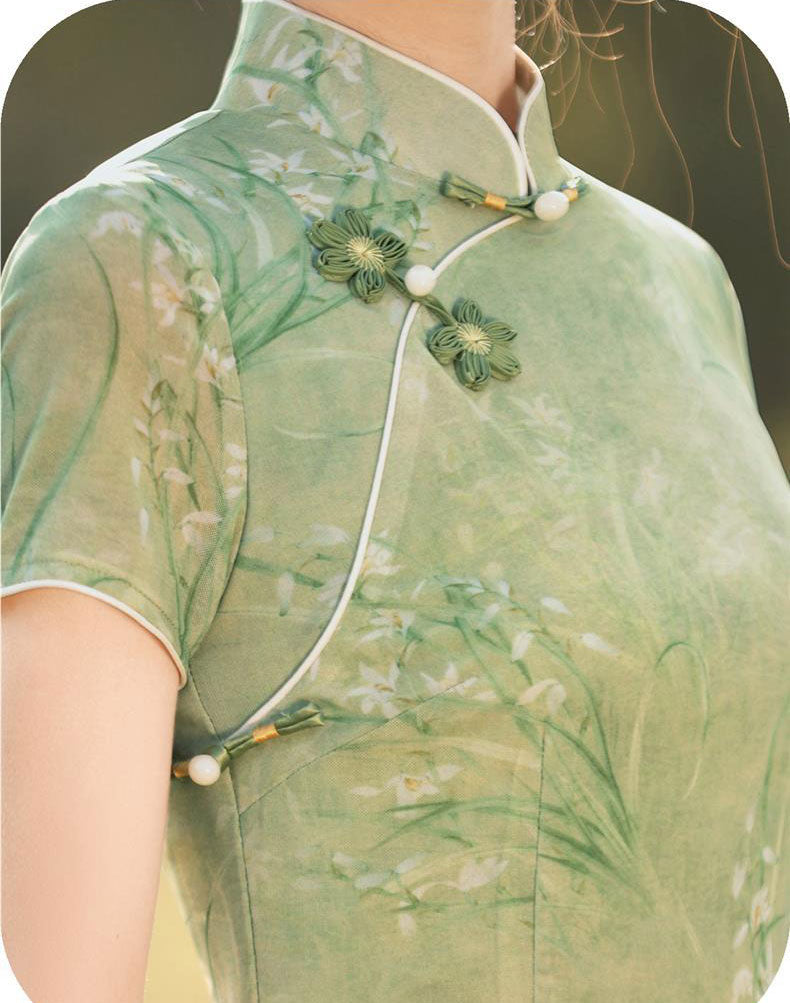 2024 Summer Green Floral Print Cheongsam Qipao Dress - Vintage Chinese Style Elegant Dress for Women | Perfect for Weddings, Parties & Special Occasions