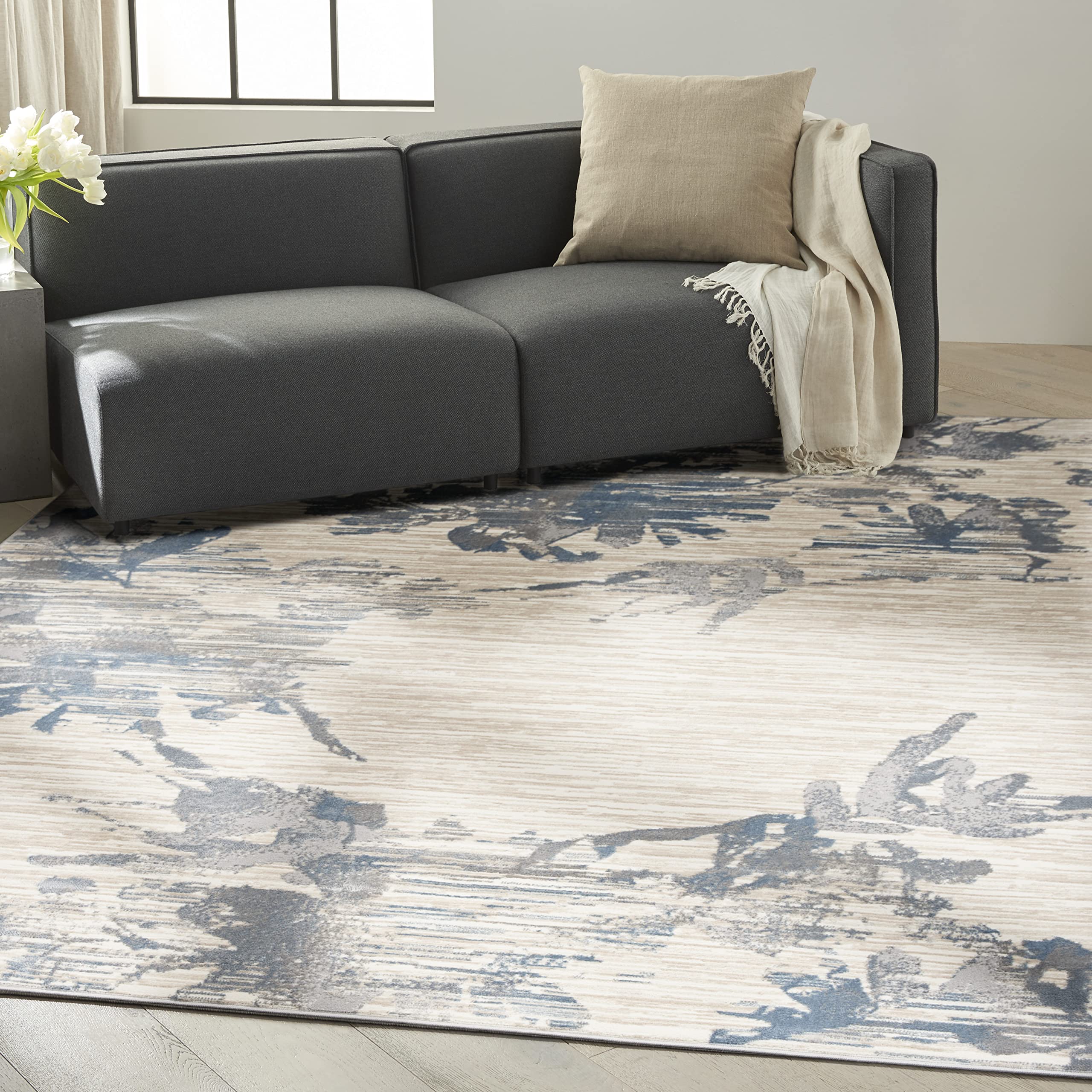 Calvin Klein Enchanting Ivory Grey Blue 8x10 Area Rug - Transitional Floral Design, Easy Clean Non-Shedding, Soft & Durable - Perfect for Bedroom, Living Room, Dining Room, Kitchen Decor