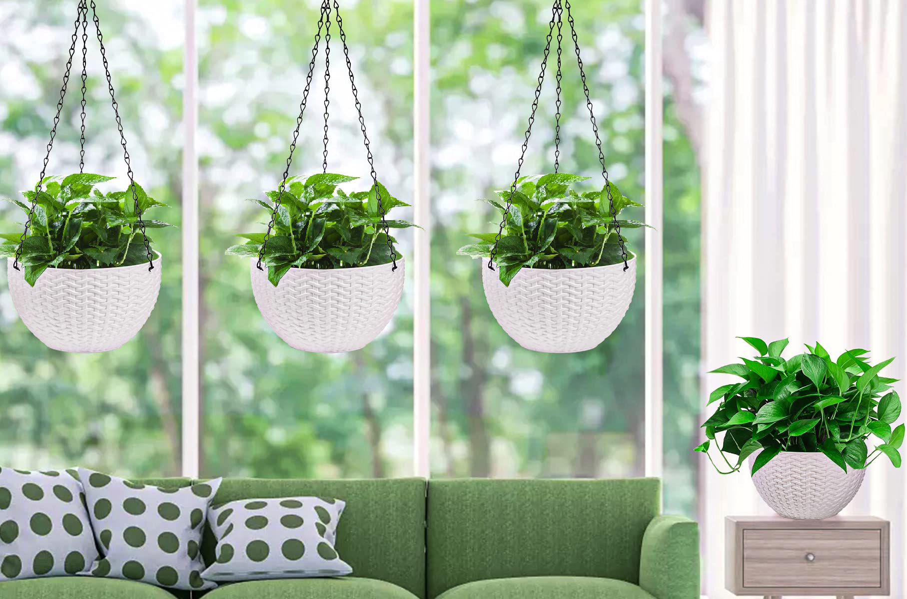 Foraineam 4 Pack 8.2 Inch Self-Watering Hanging Planters - White Flower Pots with Drainage Holes & Chains for Indoor Outdoor Garden, Patio, Balcony Decor - Perfect for Herbs, Succulents, Petunias & Home Gardening