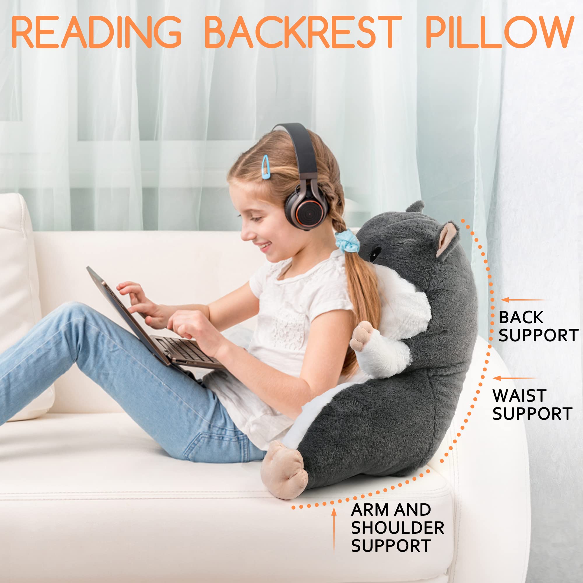 BenBen Reading Pillow for Kids, Teens & Adults - Soft Plush Bed Rest Pillow with Arms & Hamster Pattern - Perfect for Sitting Up in Bed, Reading, Watching TV & Relaxing