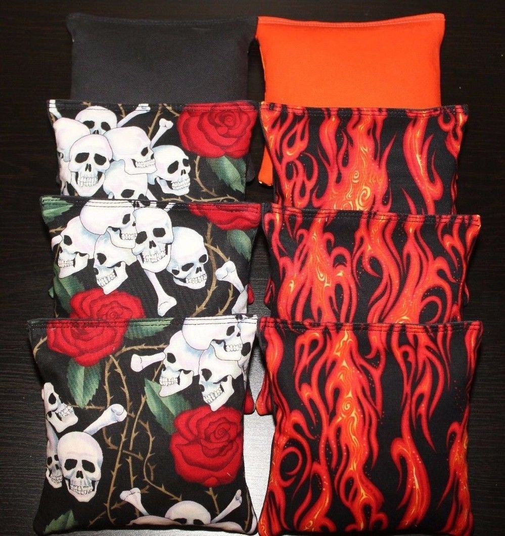 Skull & Flames Cornhole Bean Bags Set - 8 ACA Regulation Bags in Harley Black & Orange Colors - Perfect for Tailgating, Backyard BBQs, and Outdoor Parties