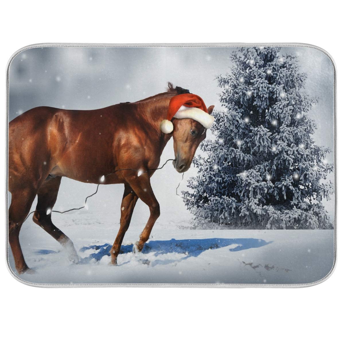 Christmas Horse Dish Drying Mat - Absorbent Microfiber Kitchen Pad (16