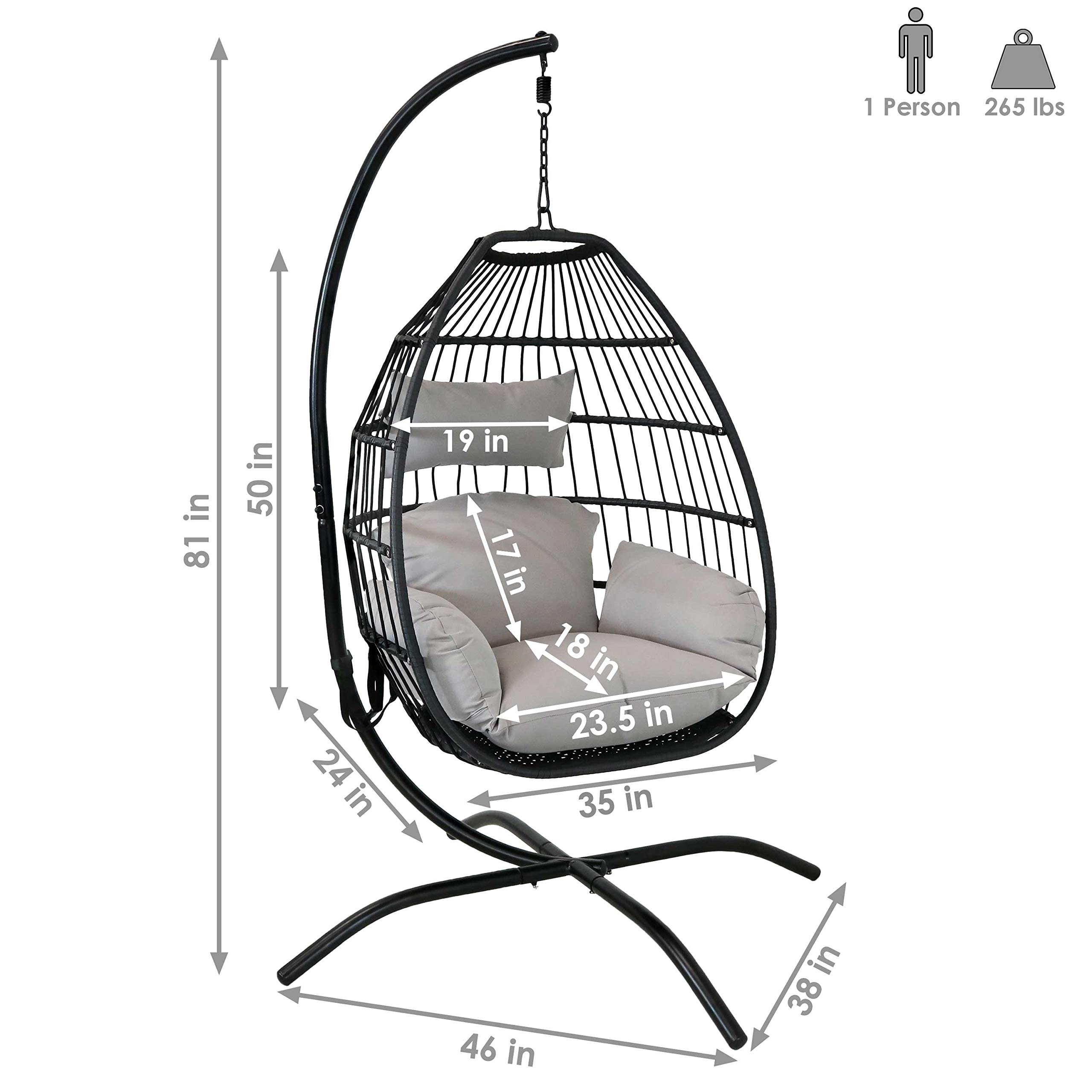 Sunnydaze Delaney Black Resin Wicker Hanging Egg Chair with Powder-Coated Steel Stand & Gray Polyester Cushions - 81