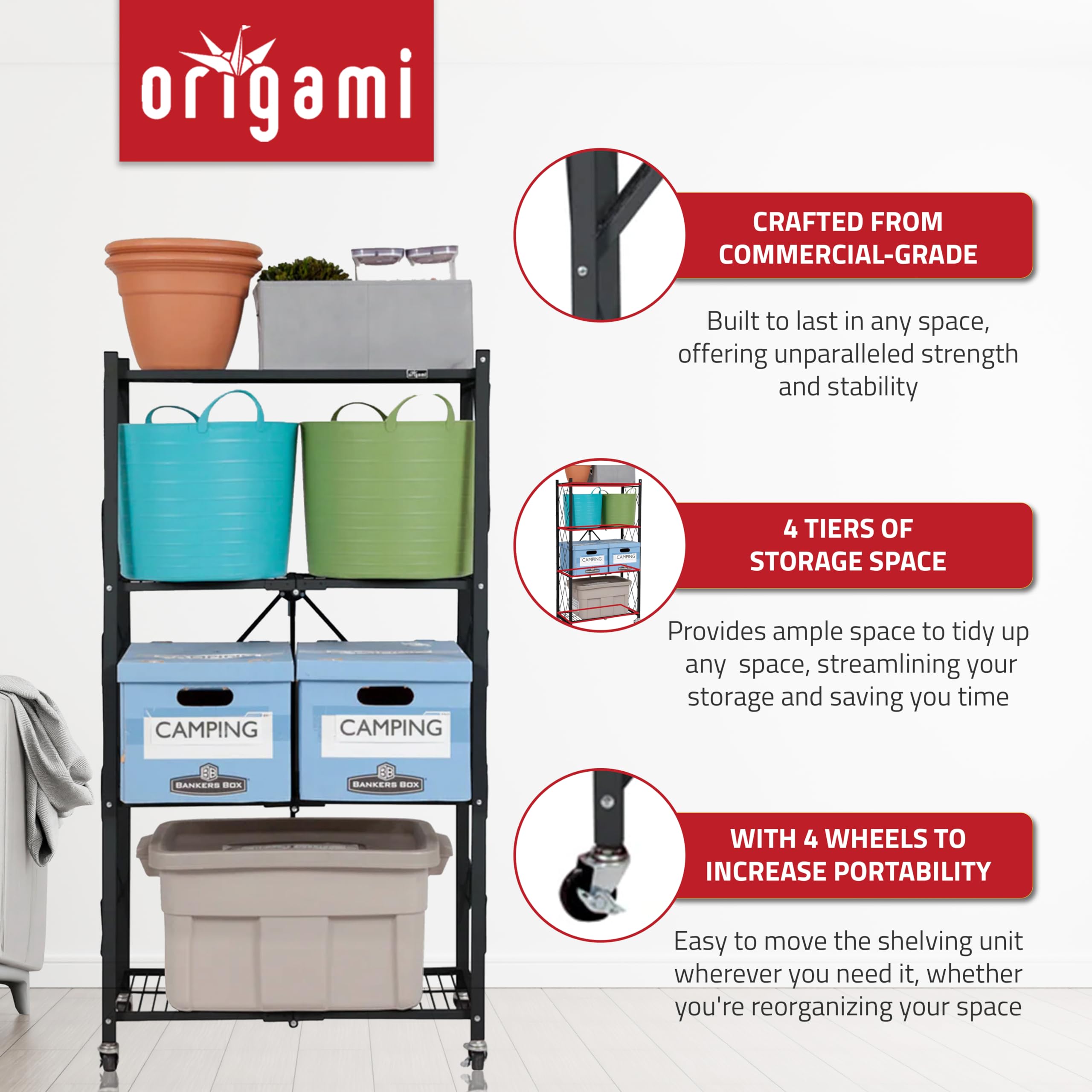 4-Tier Folding Storage Shelf Organizer with Wheels - Space Saving Origami Design for Kitchen, Garage, Pantry & Closet Organization - Heavy Duty Black Metal Shelving Unit for Home Storage Needs
