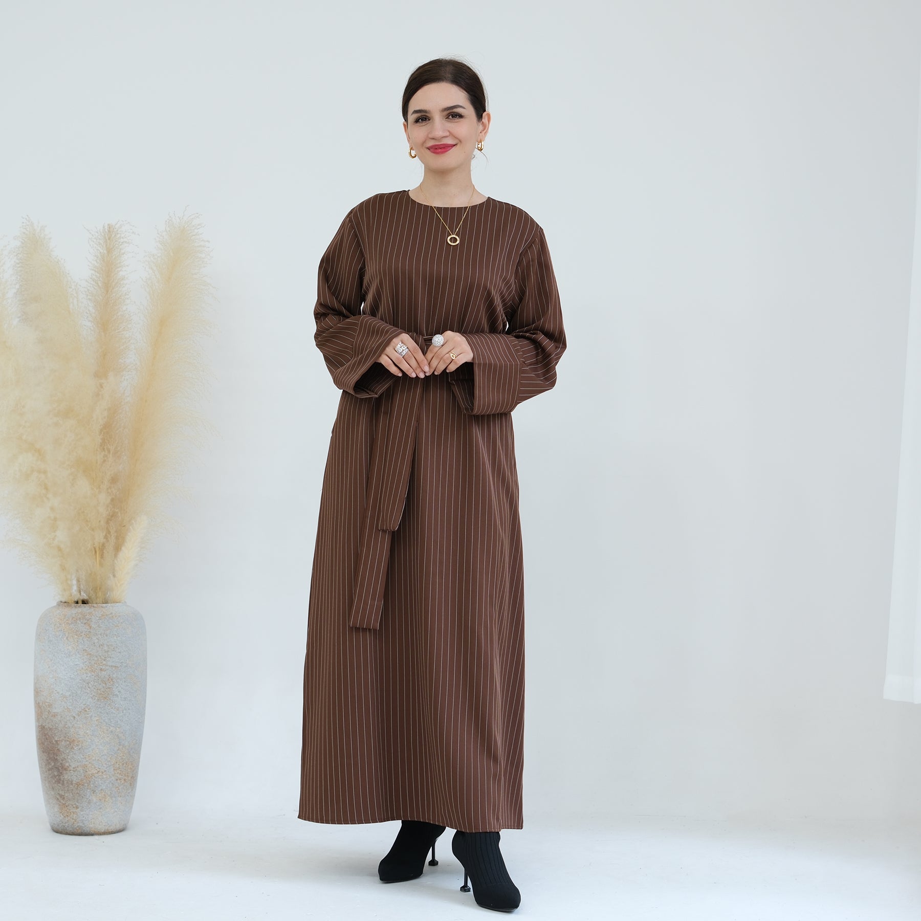 Janine Stripe Long Sleeve Belted Maxi Dress for Women - Brown Flowy Boho Dress for Beach, Wedding & Casual Outings