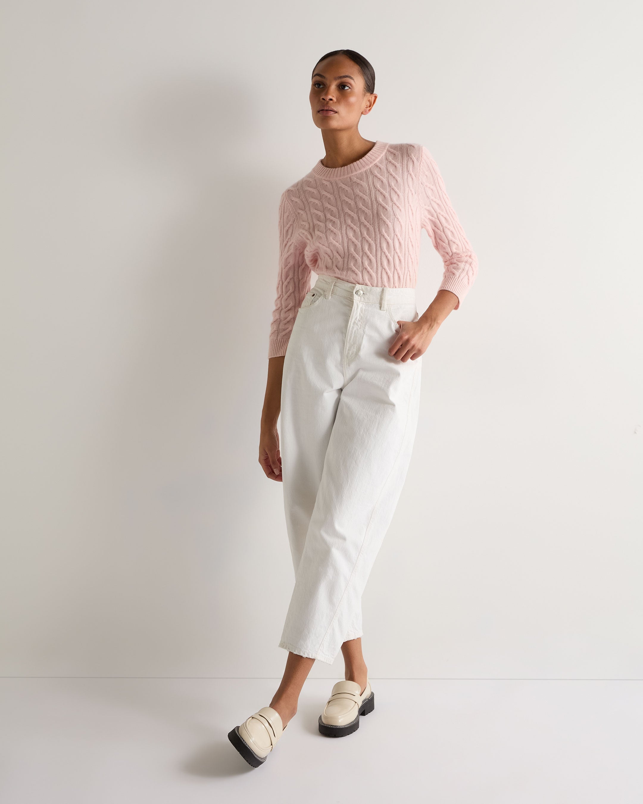 Women's Emilia Cable Knit Cashmere Sweater - Soft Round Neck Pullover in Blossom Pink | Perfect for Winter Layering & Office Wear