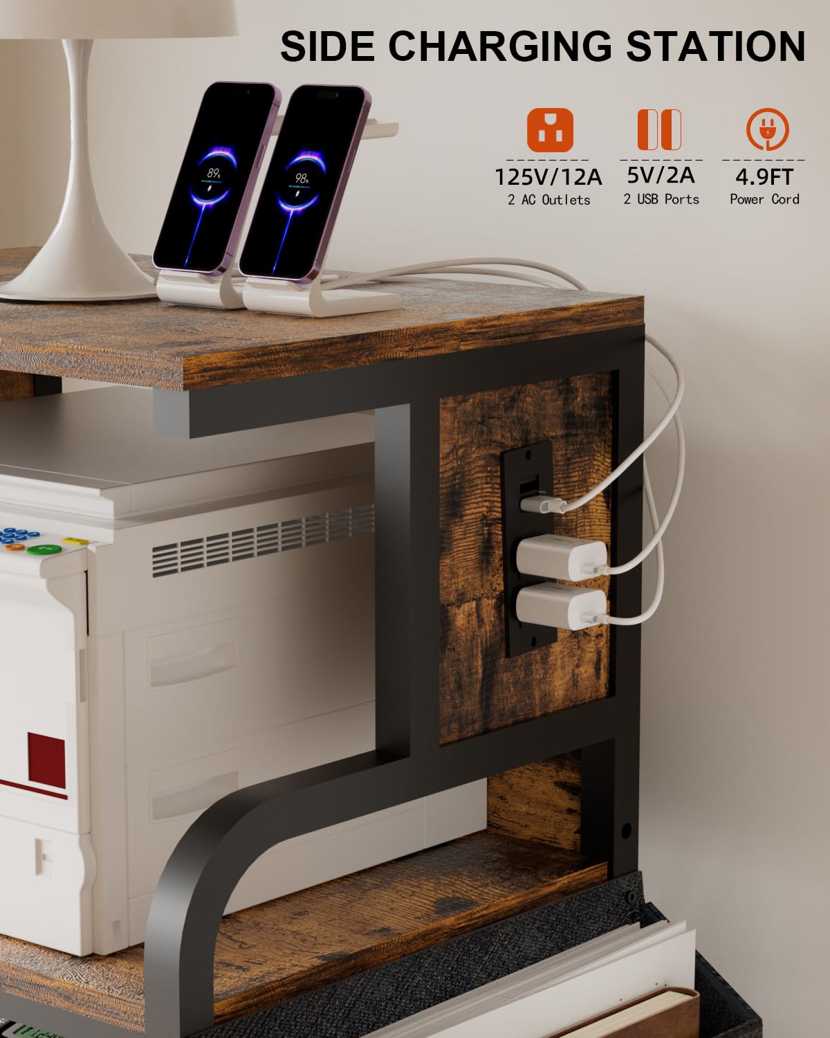 4-Tier Adjustable Printer Stand with Storage Shelf & Wheels - Large Printer Table with Charging Station for Home Office - Perfect for 3D Printer, Shredder, Scanner & Fax Machine - Ideal Workspace Organizer for Small Office & Home Use