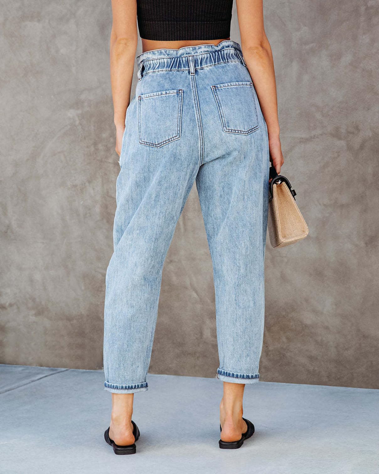 Viatabuna Women's Mom Jeans - Elastic Waist Denim Pants for Casual Wear