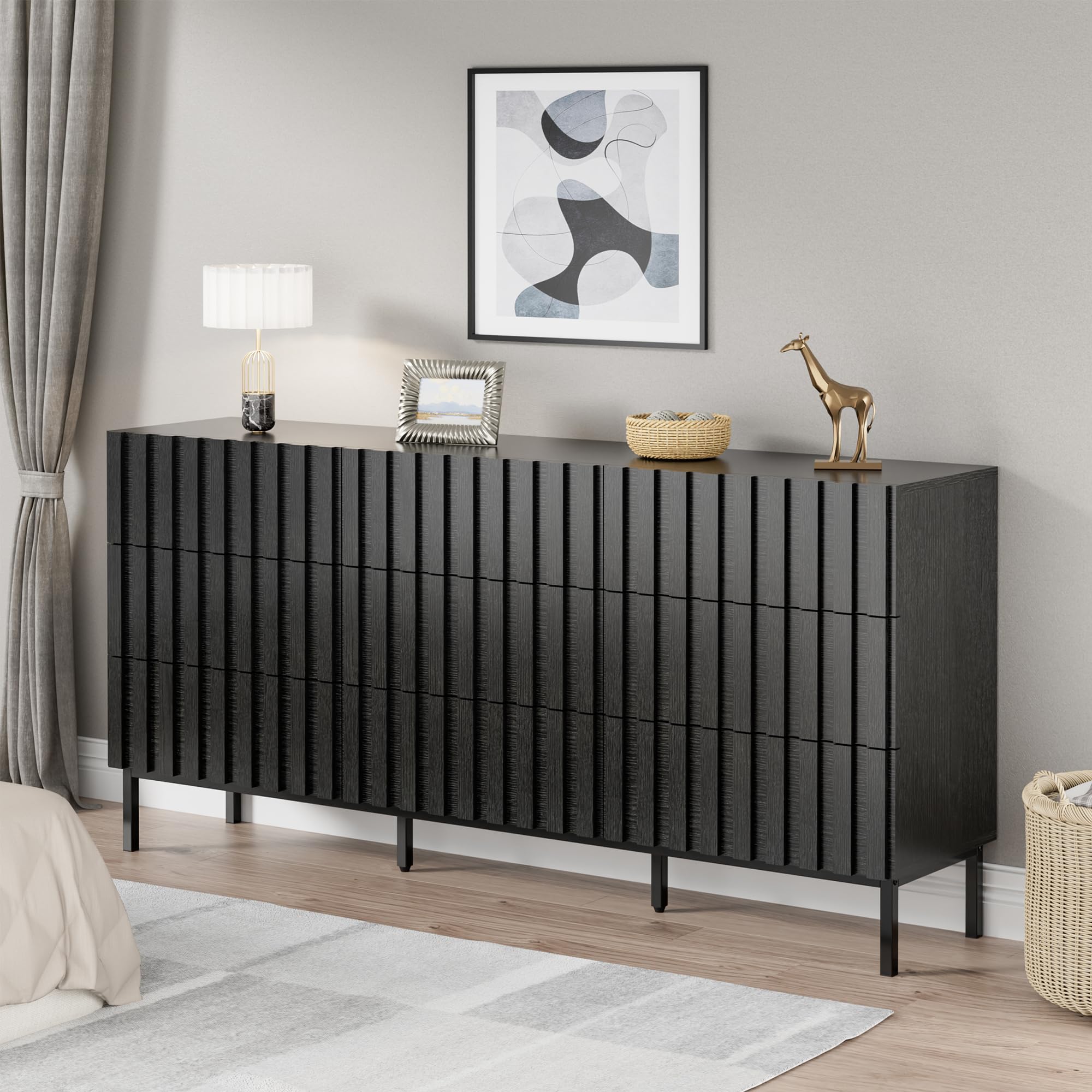Black 9-Drawer Dresser and Nightstand Set - Modern Fluted Bedroom Chest of Drawers with Matching Nightstands (3-Piece) | Perfect for Master Bedroom, Guest Room & Apartment Furniture