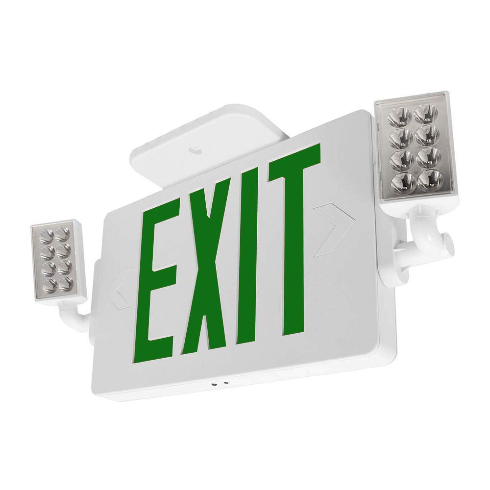 LFI Lights - UL Listed Thin Combo Green LED Exit Sign with Emergency Lights | White Housing | 2 Adjustable Heads | Hardwired with Battery Backup (2 Pack) | Perfect for Offices, Schools & Commercial Buildings