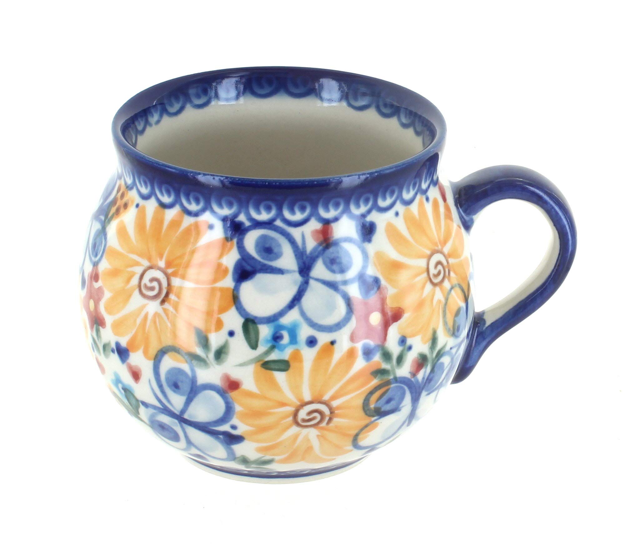 Handmade Blue Rose Polish Pottery Butterfly Bubble Mug - Elegant Ceramic Coffee Cup for Tea, Hot Chocolate & Gifts - Perfect for Home, Office & Cozy Cafes