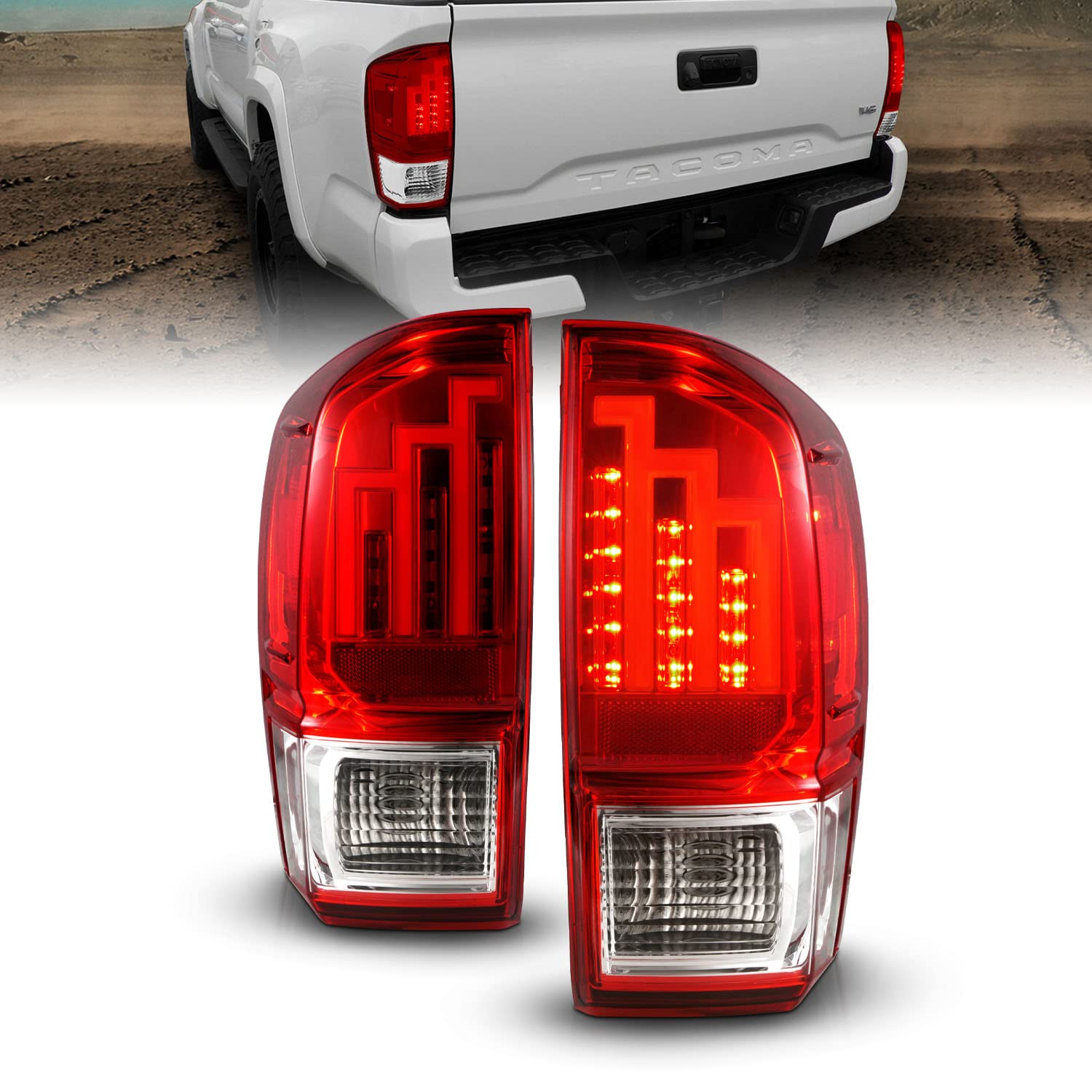 2016-2023 Toyota Tacoma LED Tail Lights - AmeriLite Clear Red Tube Parking Lamp Assembly (Pair) for Enhanced Visibility & Style - Perfect for Night Driving & Off-Road Adventures