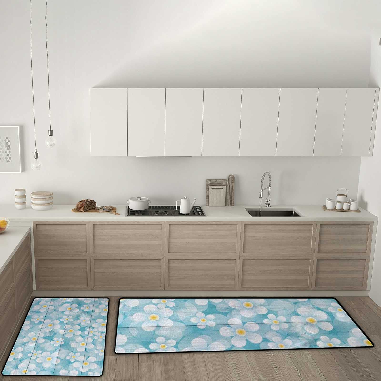 Non-Slip Kitchen Rugs Set of 2 - Soft Absorbent Coral Velvet Washable Floor Mats (17.7×29.1Inch + 17.7×58.2Inch) - Daisy Wood Blue Design for Modern Kitchens | Perfect for High-Traffic Areas, Sink & Stove Protection