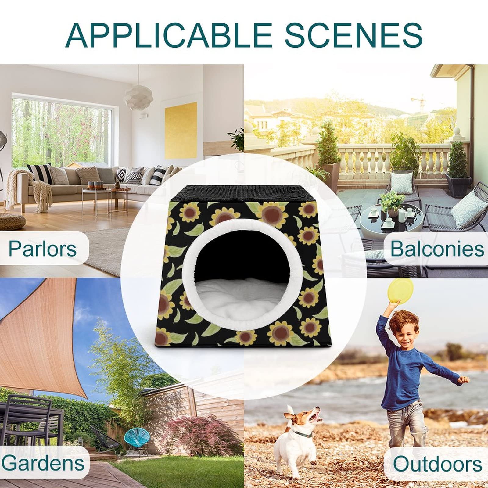 Printed Cat Houses & Condos - Foldable Cat Cube Bed with Removable Sunflower Pillow - Cozy Pet Sofa for Indoor Cats - Perfect for Napping, Playing & Relaxing in Home