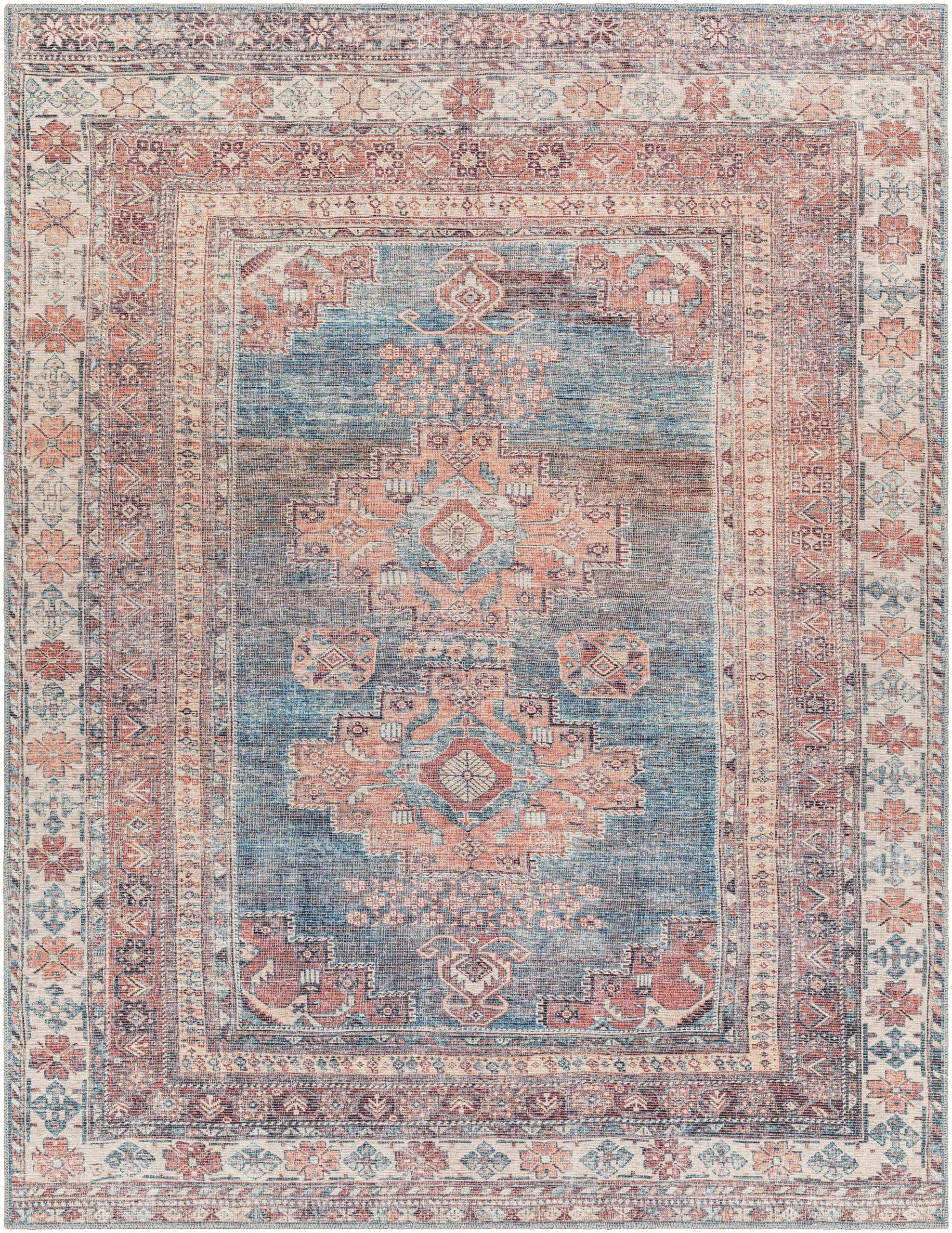 Mark&Day Washable 9x12 McCordsville Traditional Coral Area Rug - Pink Blue Machine Washable Carpet for Living Room, Bedroom, Kitchen | 9'3