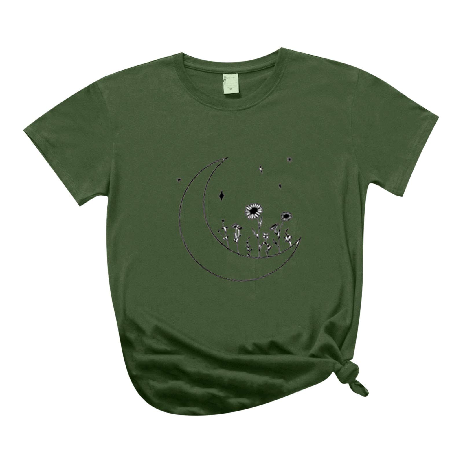 Trendy Moon Print Floral Graphic T-Shirts for Women - Short Sleeve Crewneck Basic Tees for Summer Casual Wear | Perfect for Beach Outings, Music Festivals & Everyday Fashion