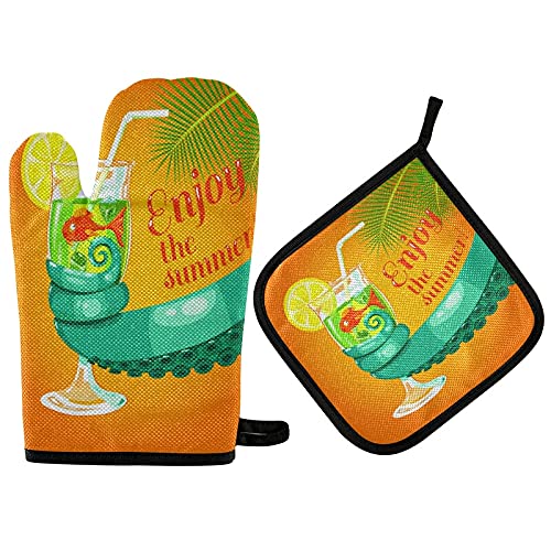 Octopus Oven Mitts and Pot Holders Set - 2PCS Heat Resistant Kitchen Gloves with Tropical Leaf Design, Soft Cotton Lining & Non-Slip Grip - Perfect for Baking, Cooking, BBQ, and Summer Outdoor Parties