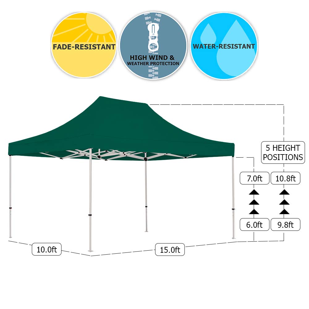 10x15 Instant Canopy Tent with 3 Full Walls & 1 Half Wall - Heavy Duty Waterproof Commercial Canopy Tent with Aluminum Frame - Includes Carry Bag & Stakes - Perfect for Outdoor Events, Farmers Markets, Camping & Backyard Parties (Green)