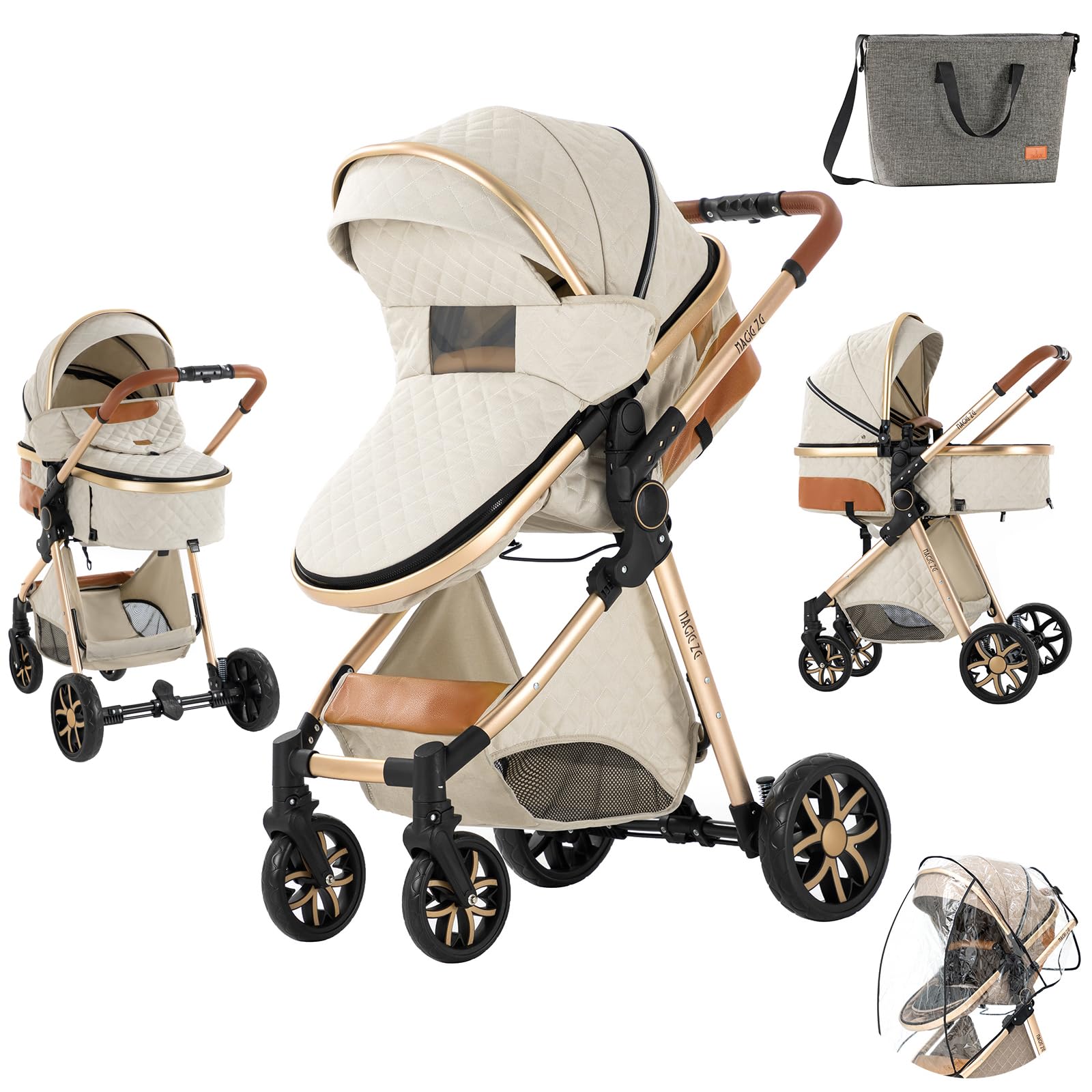 2 in 1 Baby Travel System - Lightweight Aluminum Frame Stroller & Pram Combo for Newborns | Portable Folding Design | High Landscape View Carriage | Perfect for Shopping, Travel & Outdoor Walks (White)