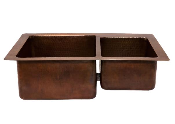 Vintage Copper Farmhouse Kitchen Sink 60/40 Double Bowl - Durable & Rustproof for Modern Farmhouse, Rustic Cabin, and Restaurant Kitchen Use