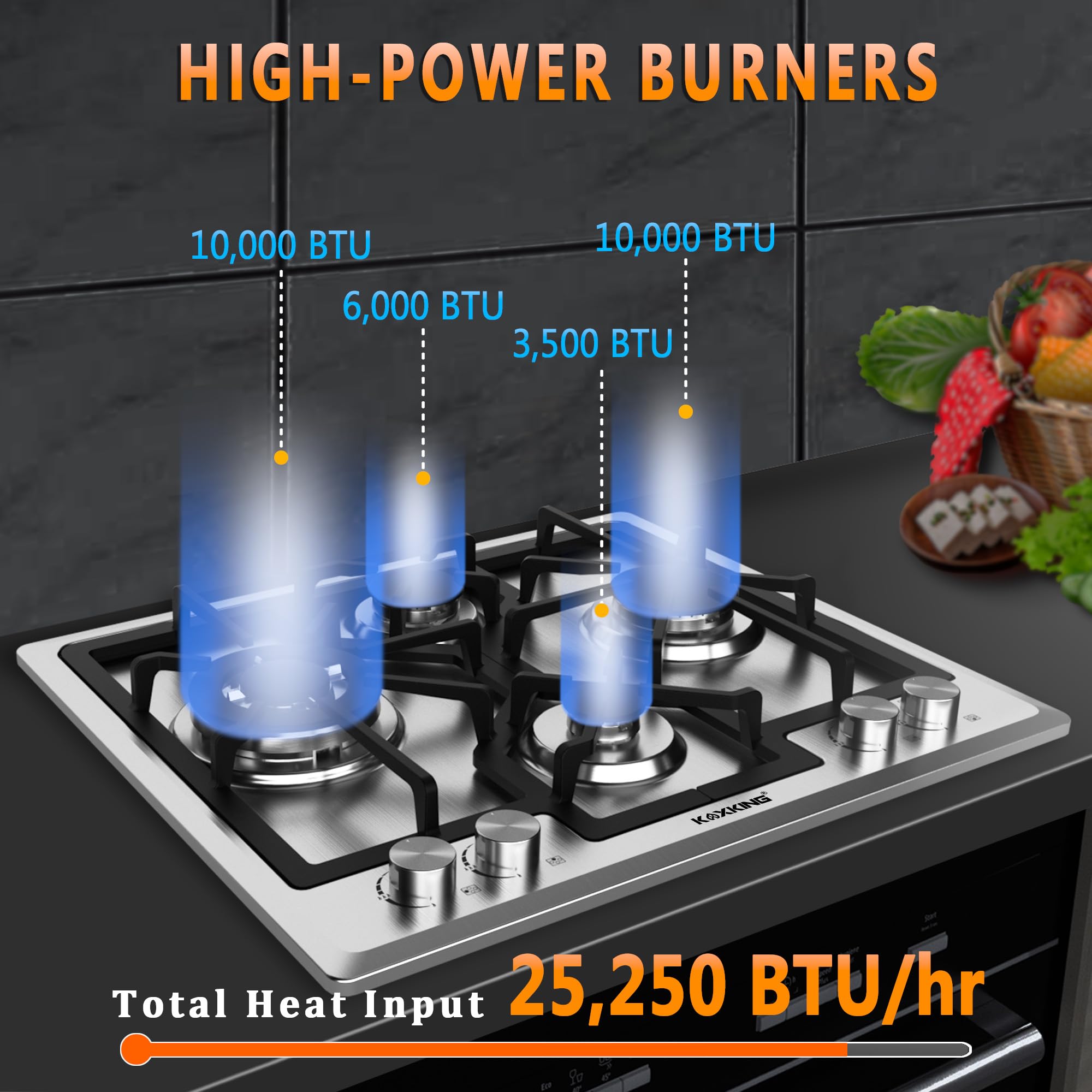 24 Inch Built-in Gas Cooktop - 4 Burner NG/LPG Convertible Stove with Thermocouple Protection - Stainless Steel Gas Range for Home Kitchen Cooking, Baking & Entertaining