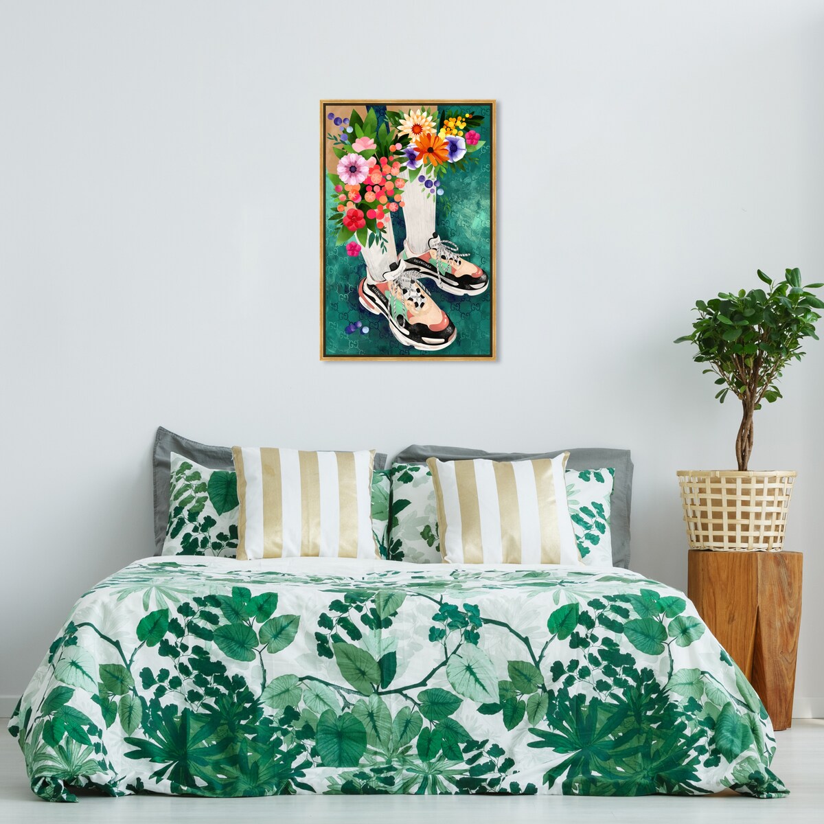 Stylish Floral Sneakers & Socks Set with Modern Green Framed Canvas Wall Art - Perfect for Bedroom Decor and Fashion Outfits | Home & Fashion Combo
