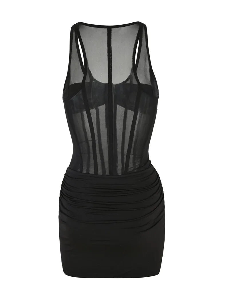 Sexy Black See-Through Mesh Ruched Mini Dress for Women - Sleeveless Bodycon Club Dress with Zipper Detail | Perfect for Night Out, Party & Summer Events