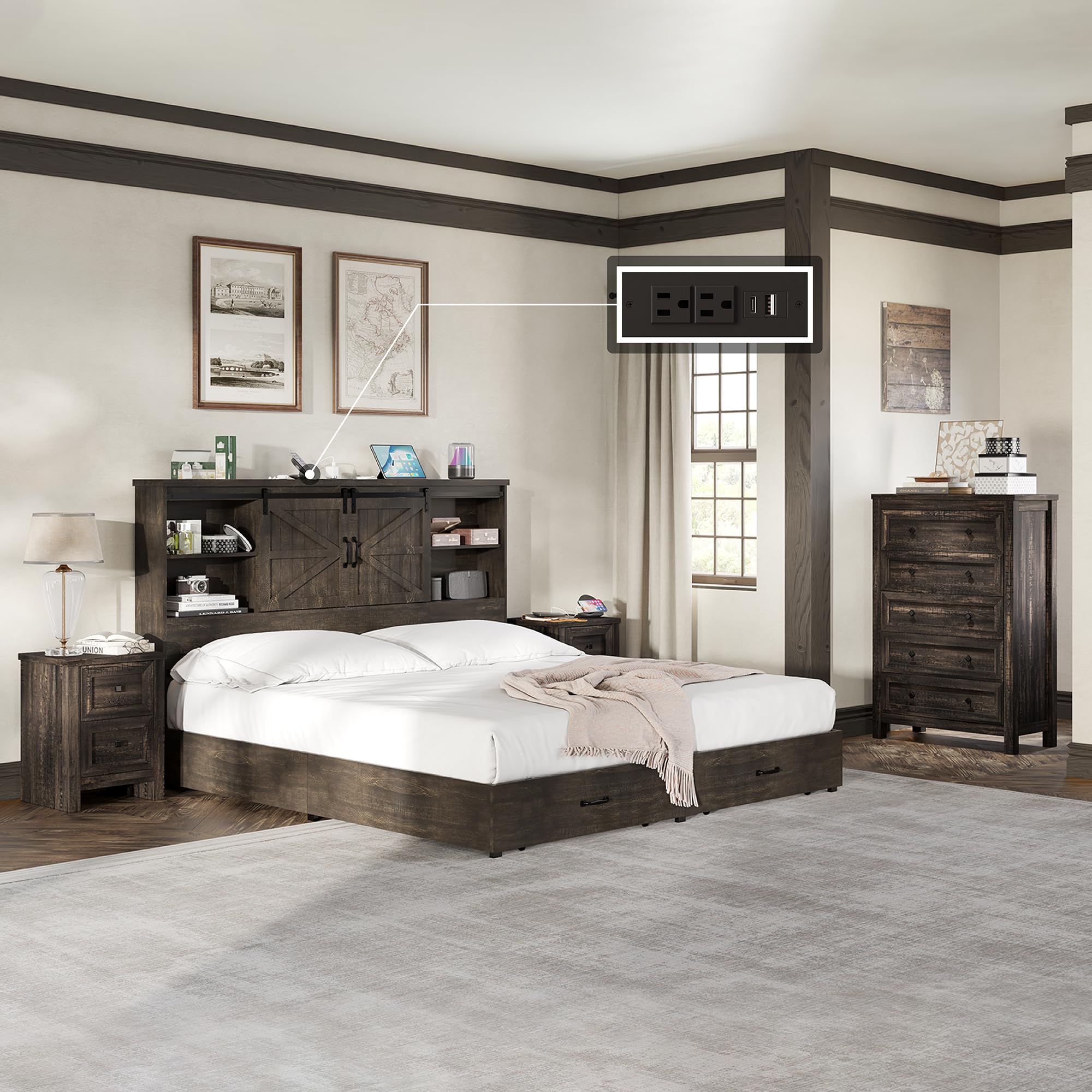 AMERLIFE Queen Bed Frame with LED Bookcase Headboard & 4 Under-Bed Drawers, 2-Piece Bedroom Set with Tall 5-Drawer Farmhouse Dresser, Dark Oak - Perfect for Modern Farmhouse, Apartment & Guest Room Decor
