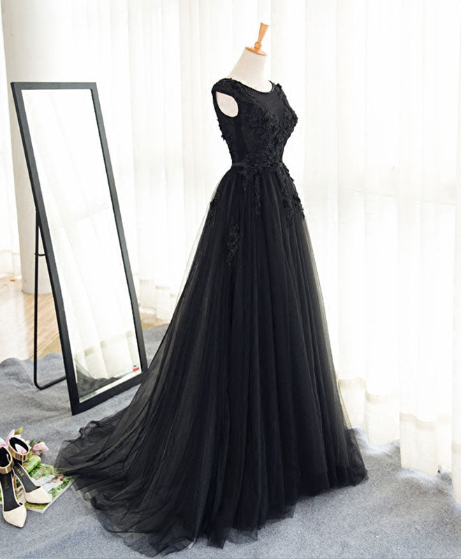 Elegant Black A-Line Tulle Lace Long Prom Dress for Women - Perfect for Evening Gala, Formal Dance & Special Occasions