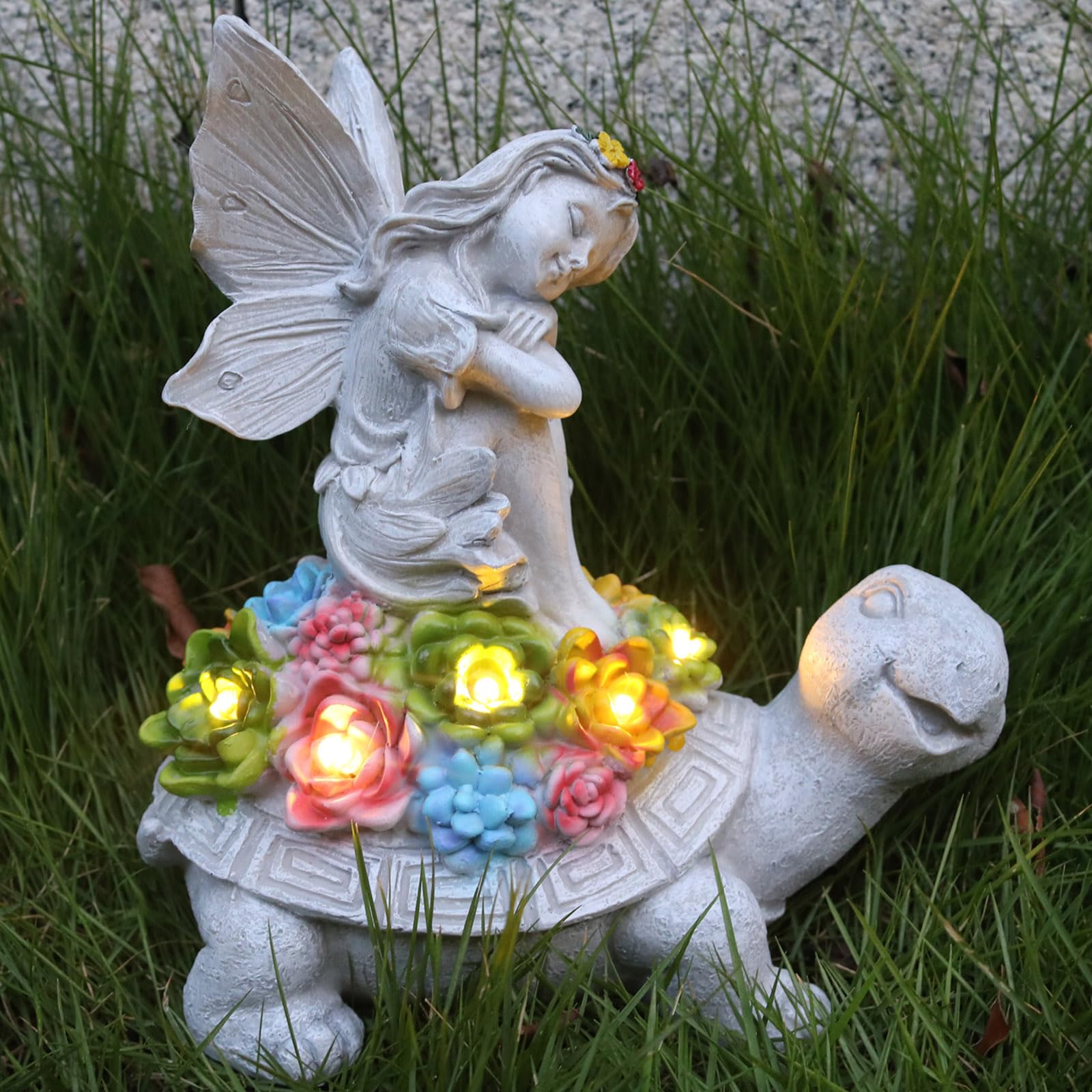 Solar-Powered Turtle & Angel Garden Statues with LED Lights & Succulents - Outdoor Decor for Patio, Yard, Lawn - Perfect Gift for Women & Grandma - Ideal for Garden Decor, Landscape Accents & Nighttime Illumination