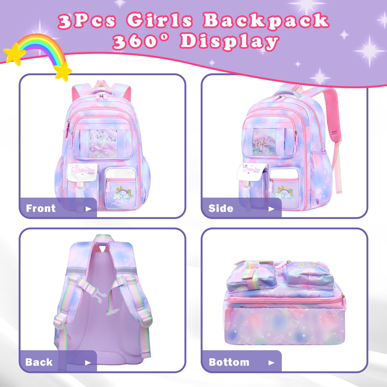 3Pcs Girls Backpack Set - Cute Rainbow School Backpack with Lunch Bag & Pen Case, Multi-Pocket Elementary Backpack for Preschool & Toddler (Purple) - Perfect for School, Travel & Daily Use