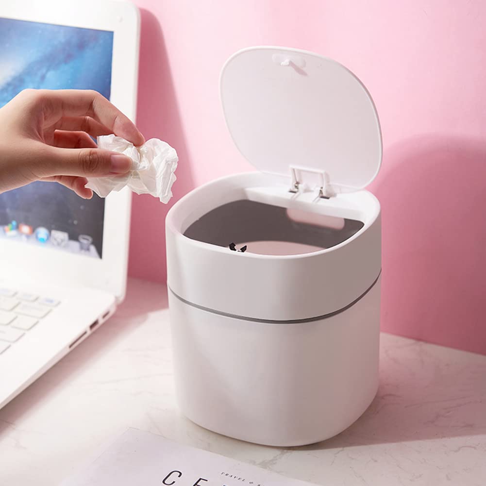 Mini Desktop Trash Can with Lid - Small Sanitary Waste Bin for Peeling Fruits, Snack Shells & Car Trash - Compact Office & Home Garbage Bin (White with Spring Cover) - Perfect for Desk, Kitchen Counter, Bedroom & Vehicle Use
