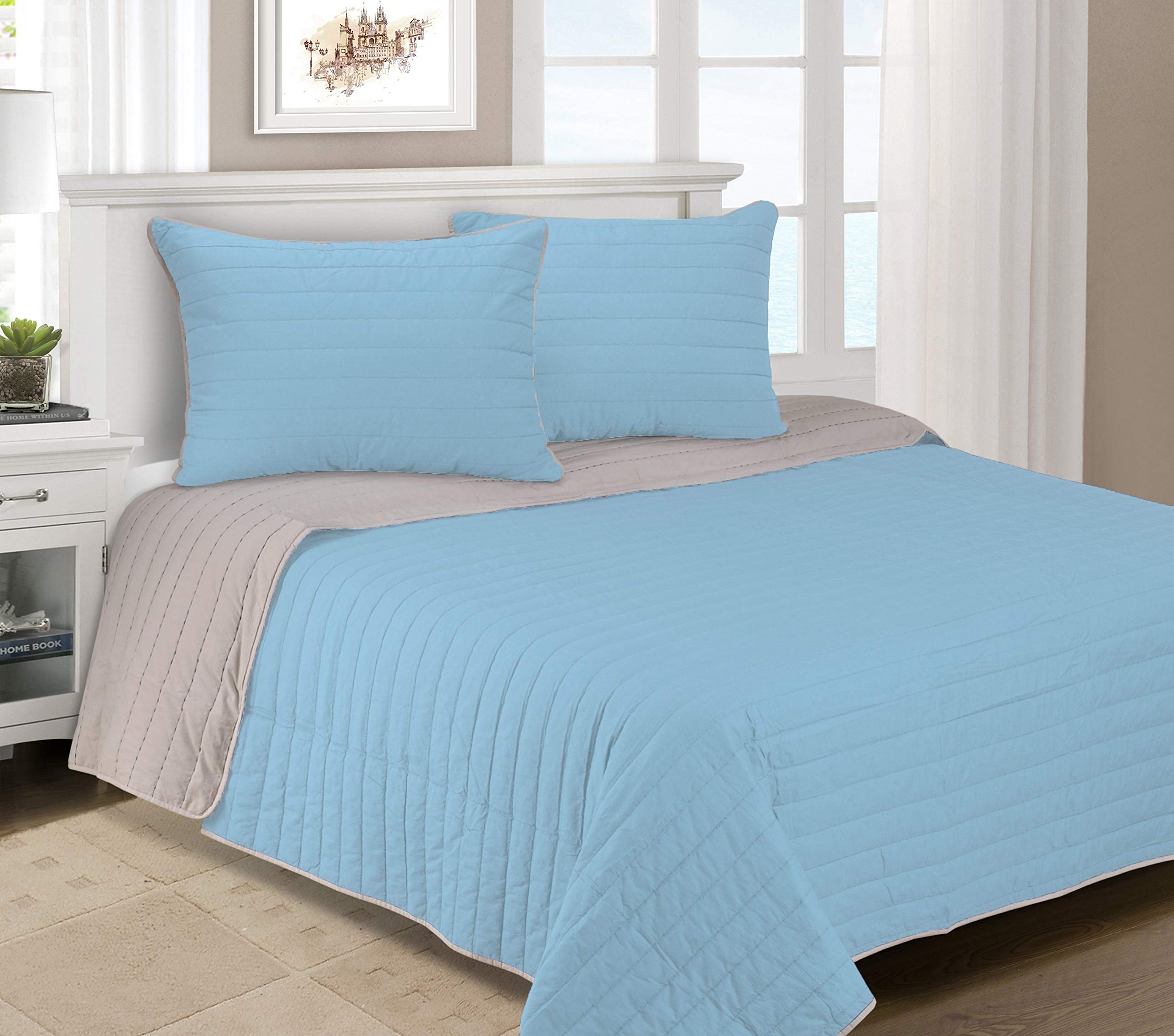 Premium 100% Long Staple Cotton Quilt Set - Twin/Twin XL Size, Breathable & Soft Striped Brandon Design in Light Blue - Perfect for Guest Rooms, Dorm Beds & Cozy Bedroom Decor