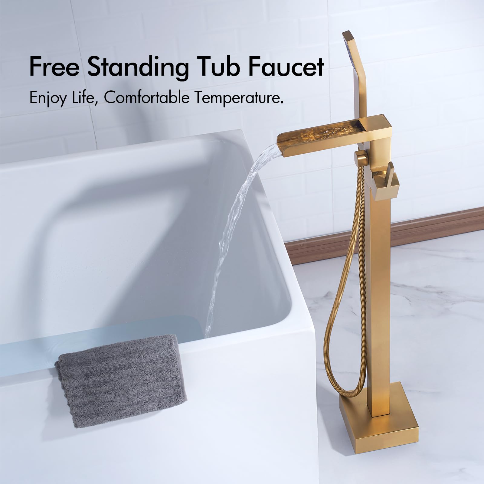 Premium BAGNOLUX Floor Mount Bathtub Faucet - Single Handle Brass Tub Filler with Hand Shower, Waterfall Style (Brushed Brass) - Perfect for Modern Bathroom & Spa Retreats