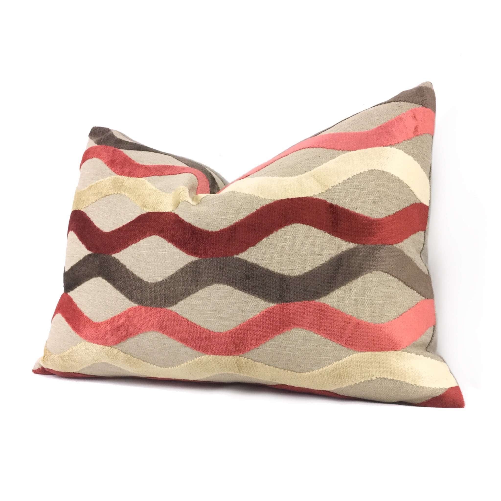 Marion Coral Rust Cream Beige Velvet Wave Stripes Pillow Cover - Soft Decorative Throw Pillow Case for Sofa, Bed, Couch - Home Decor & Living Room Accent