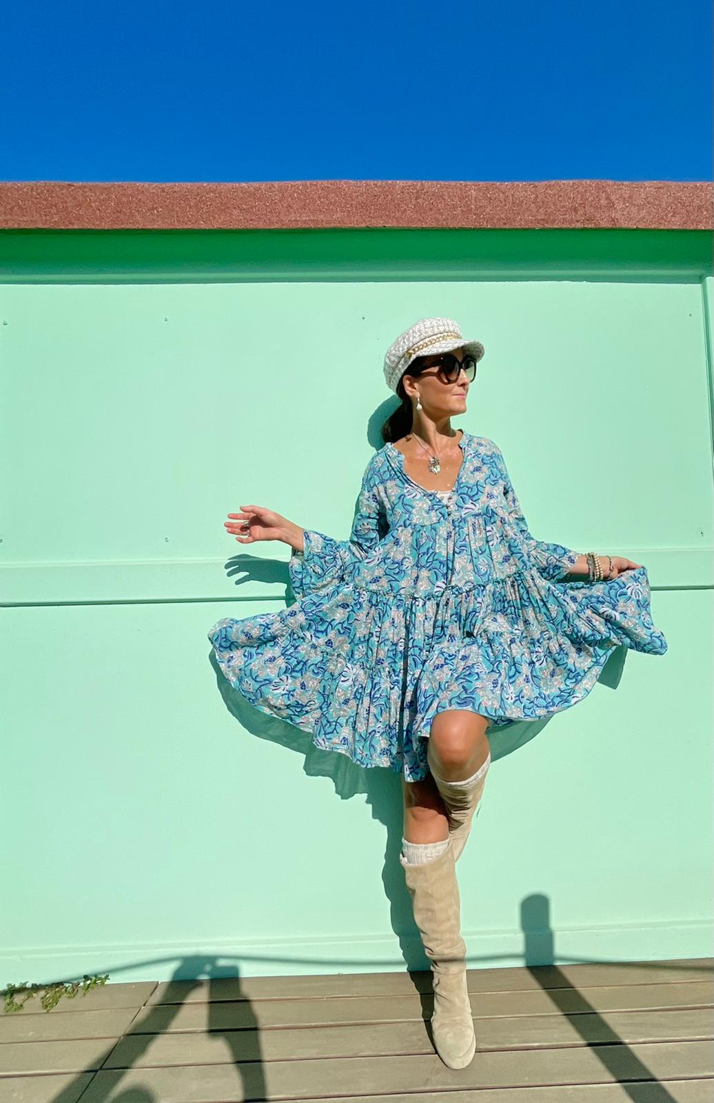 Geo Short Dress with Pearl Turquoise Details - Perfect for Summer Outings, Beach Vacations & Casual Events