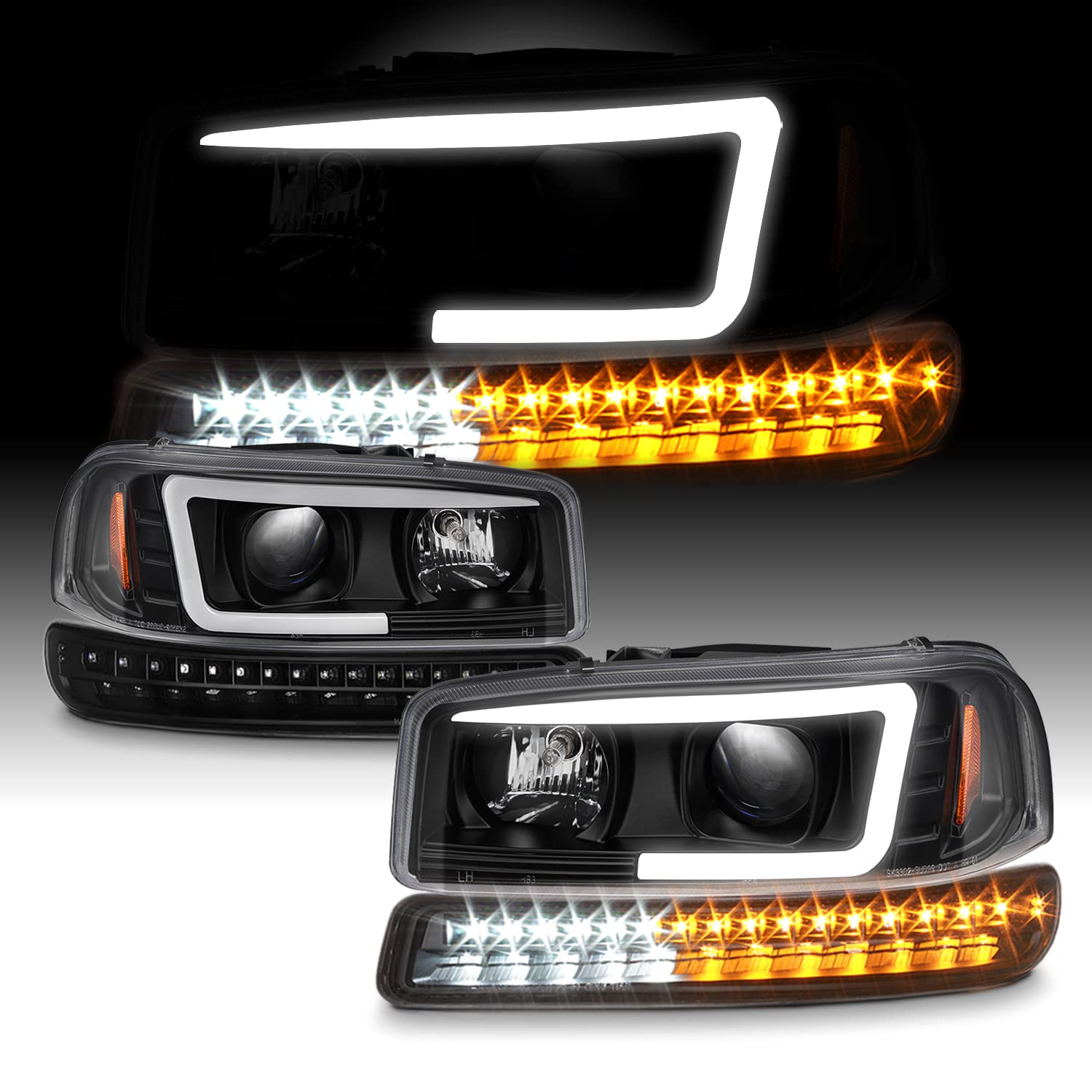 AKKON Black LED Tube Projector Headlights + LED Bumper Lamp Pair for 1999-2006 GMC Sierra 1500/2500HD/3500 & Yukon XL - Upgrade Your Truck Lighting for Night Driving & Off-Road Adventures